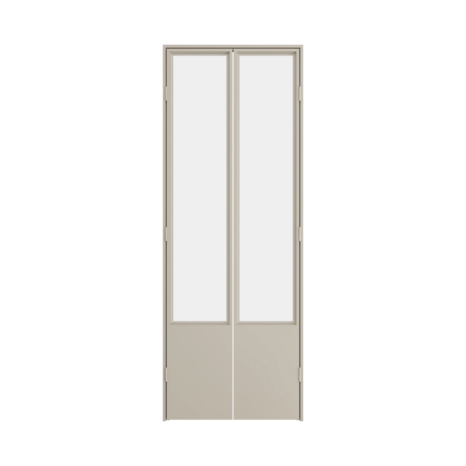 Architectural interior pantry door with steel frame and glass panels