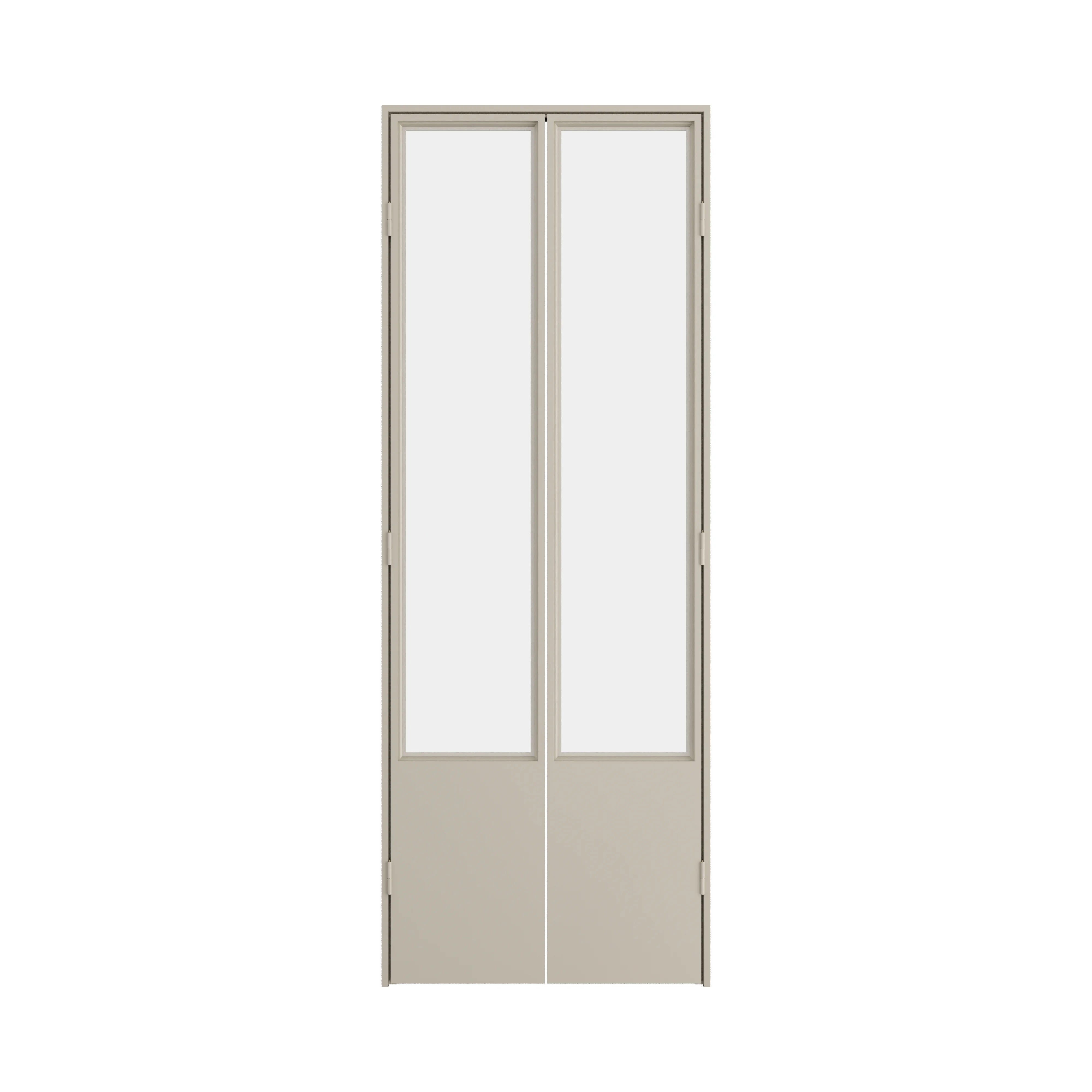 Architectural interior pantry door with steel frame and glass panels