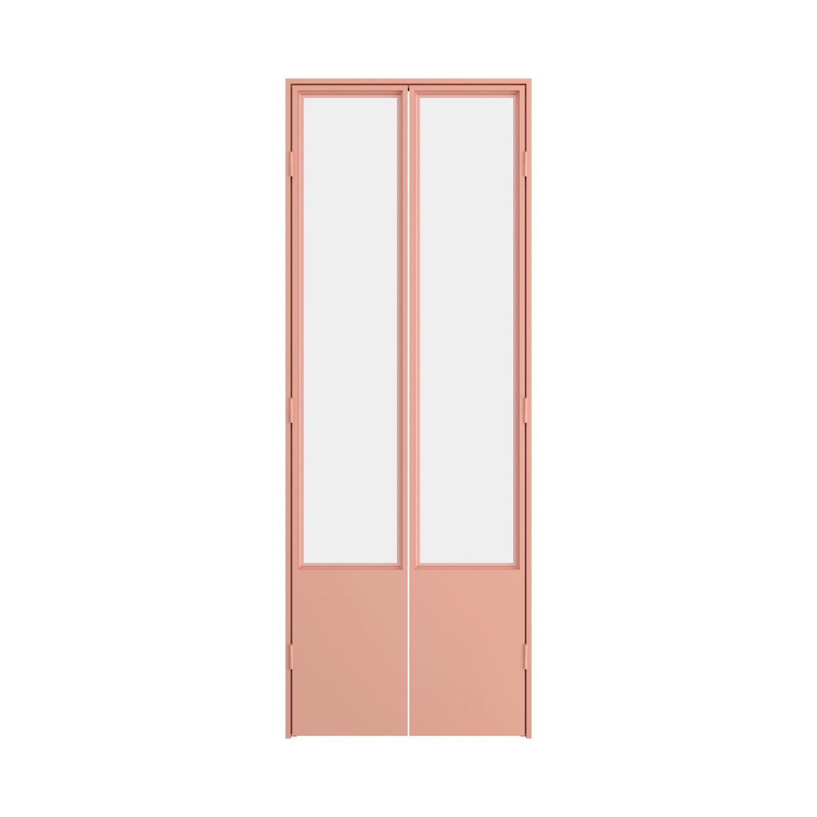 Steel pantry door with architectural grid pattern and clear glass