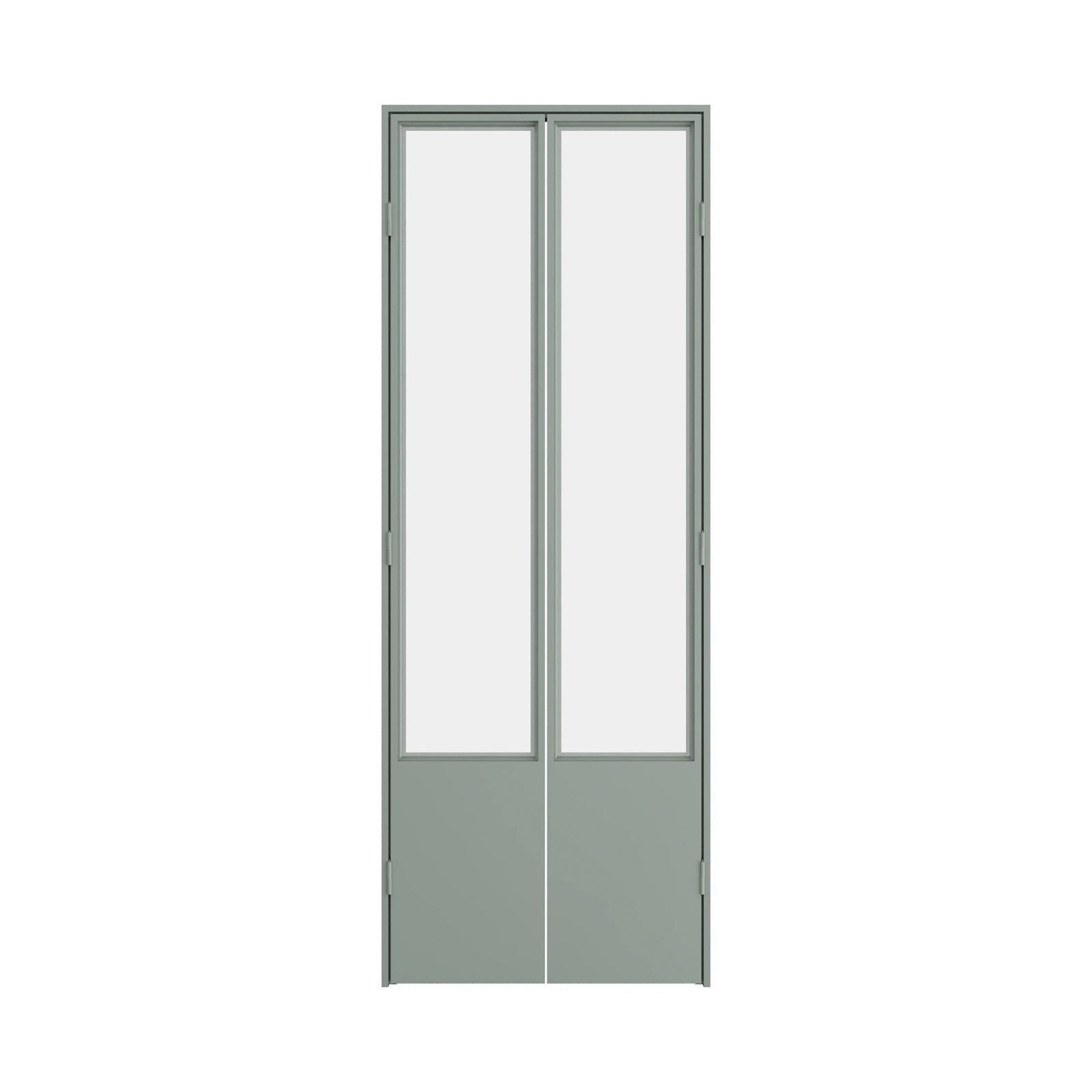 Minimalist steel pantry door with clear glass and narrow steel profile