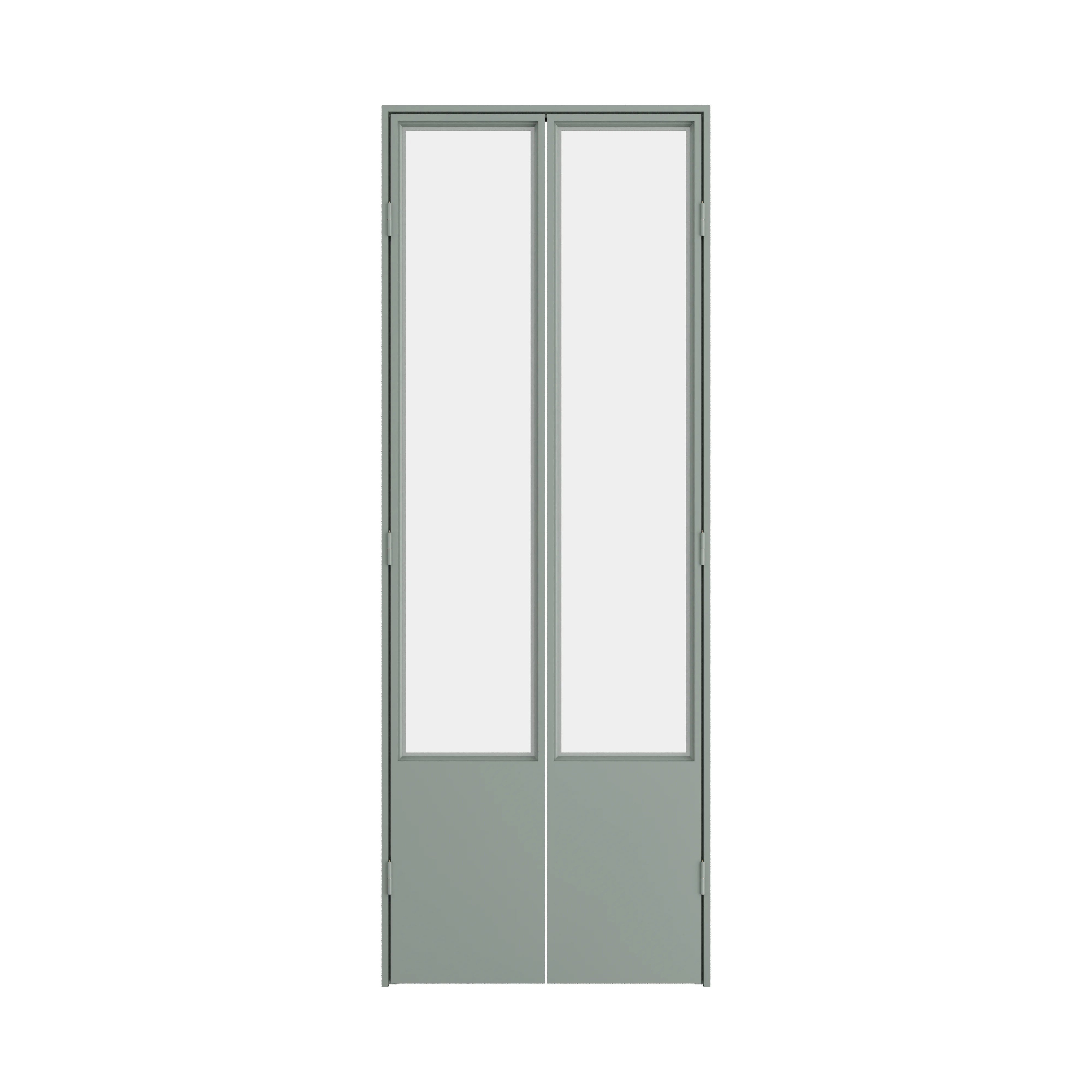 Minimalist steel pantry door with clear glass and narrow steel profile