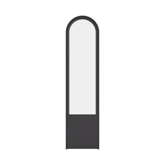 Interior steel pantry door with clear glass and narrow hot-rolled steel sightlines