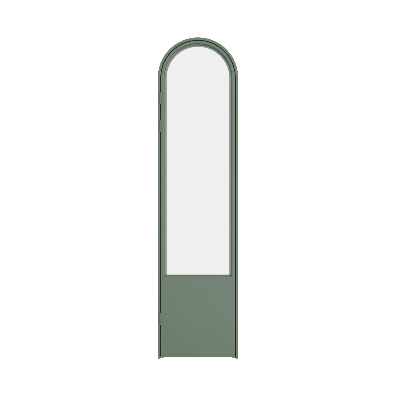 Architectural pantry door in steel with slim frame and transparent glass insert