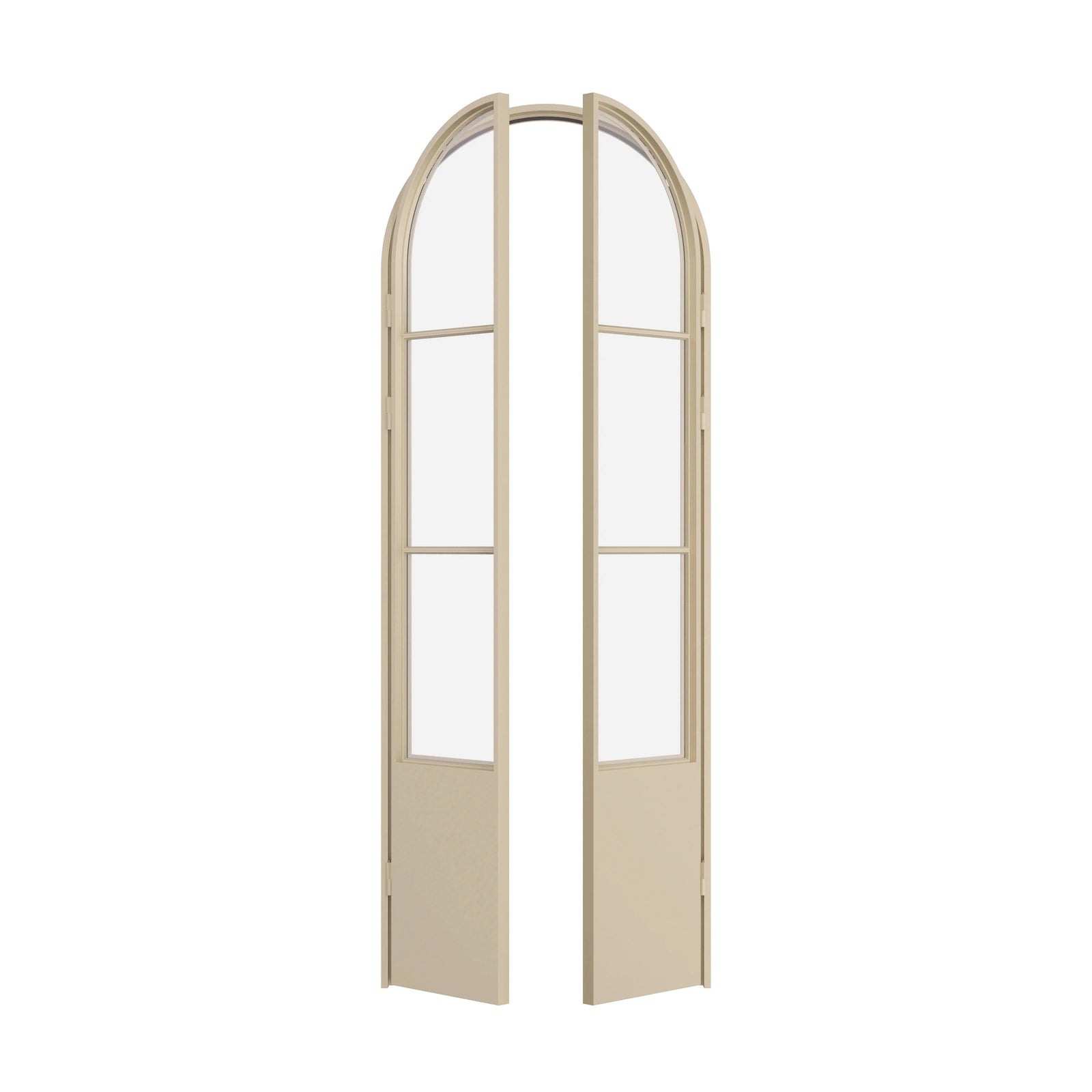 open pantry doors with kickplate and arch top in neutral color