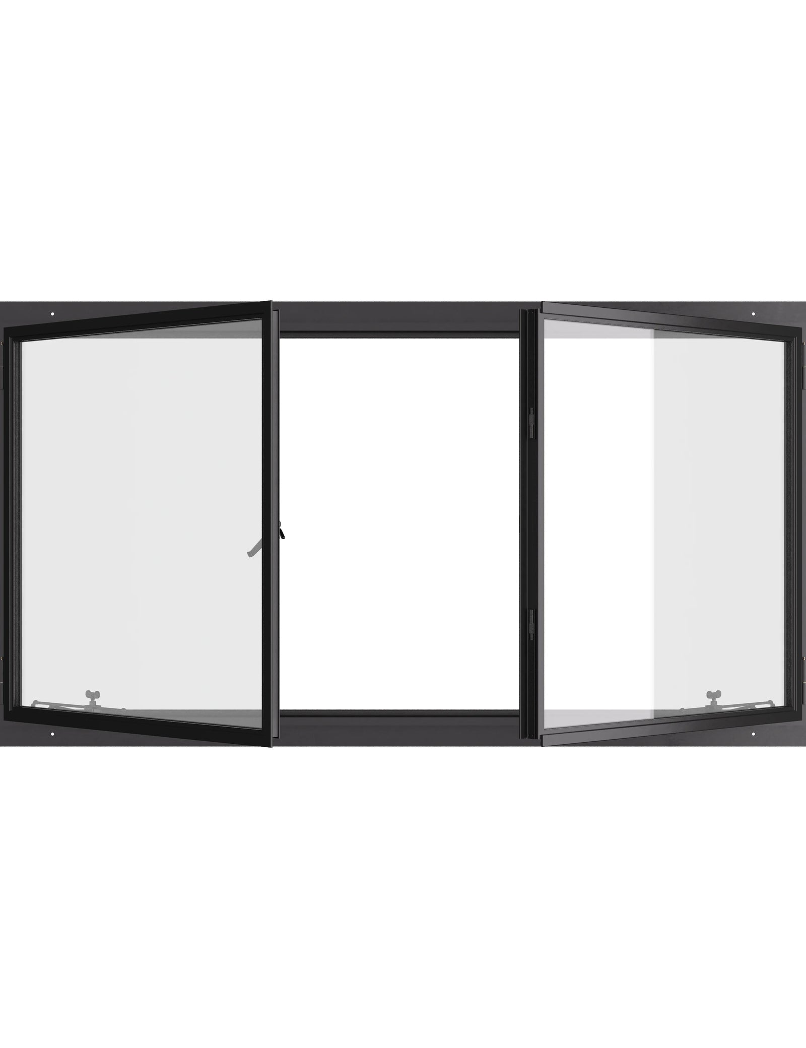 Thermally broken double casement steel window, landscape, cold-rolled steel, black, dual pane Low-E glass
