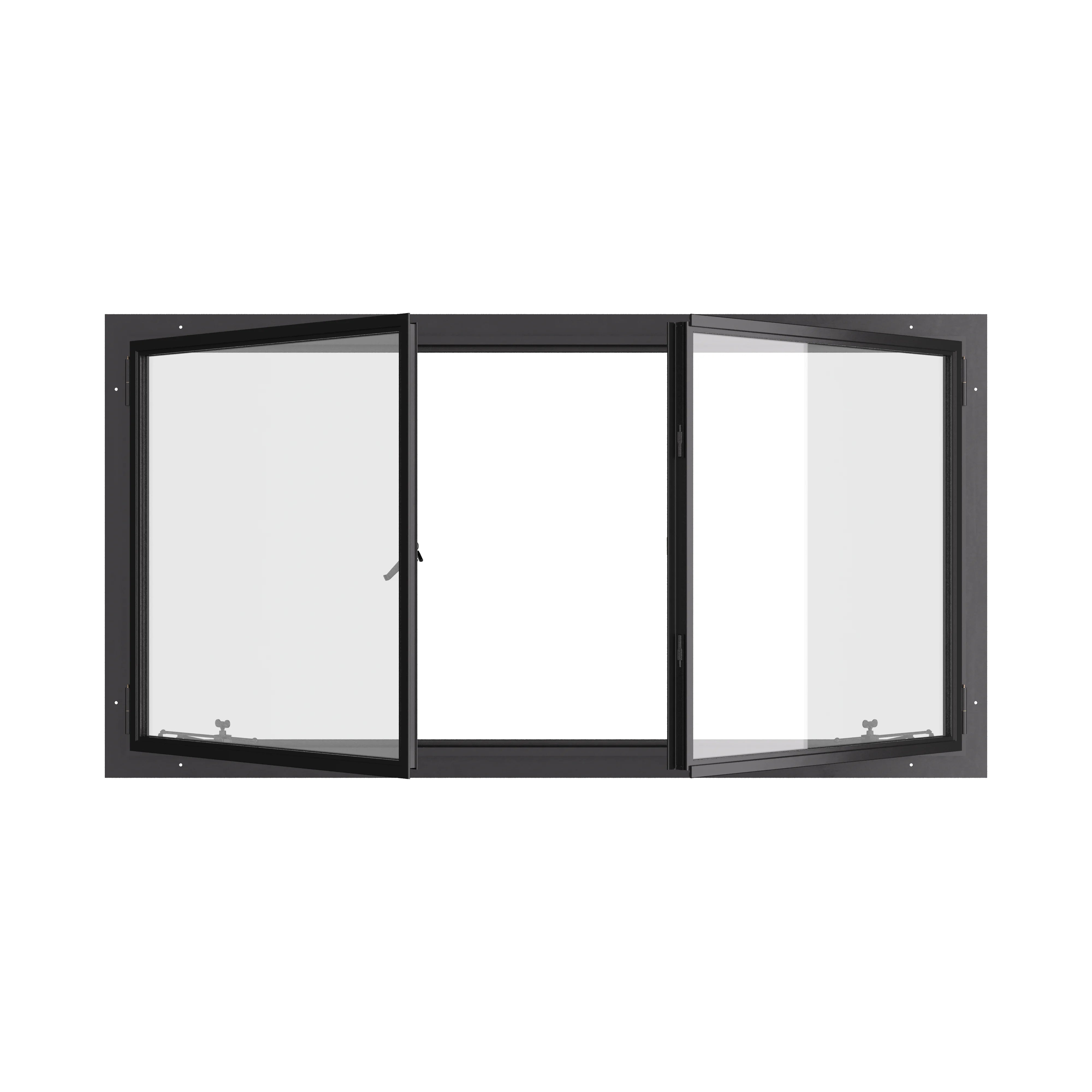 Thermally broken double casement steel window, landscape, cold-rolled steel, black, dual pane Low-E glass