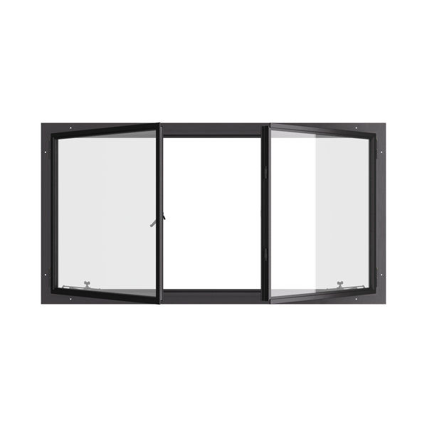 Thermally broken double casement steel window, landscape, cold-rolled steel, black, dual pane Low-E glass