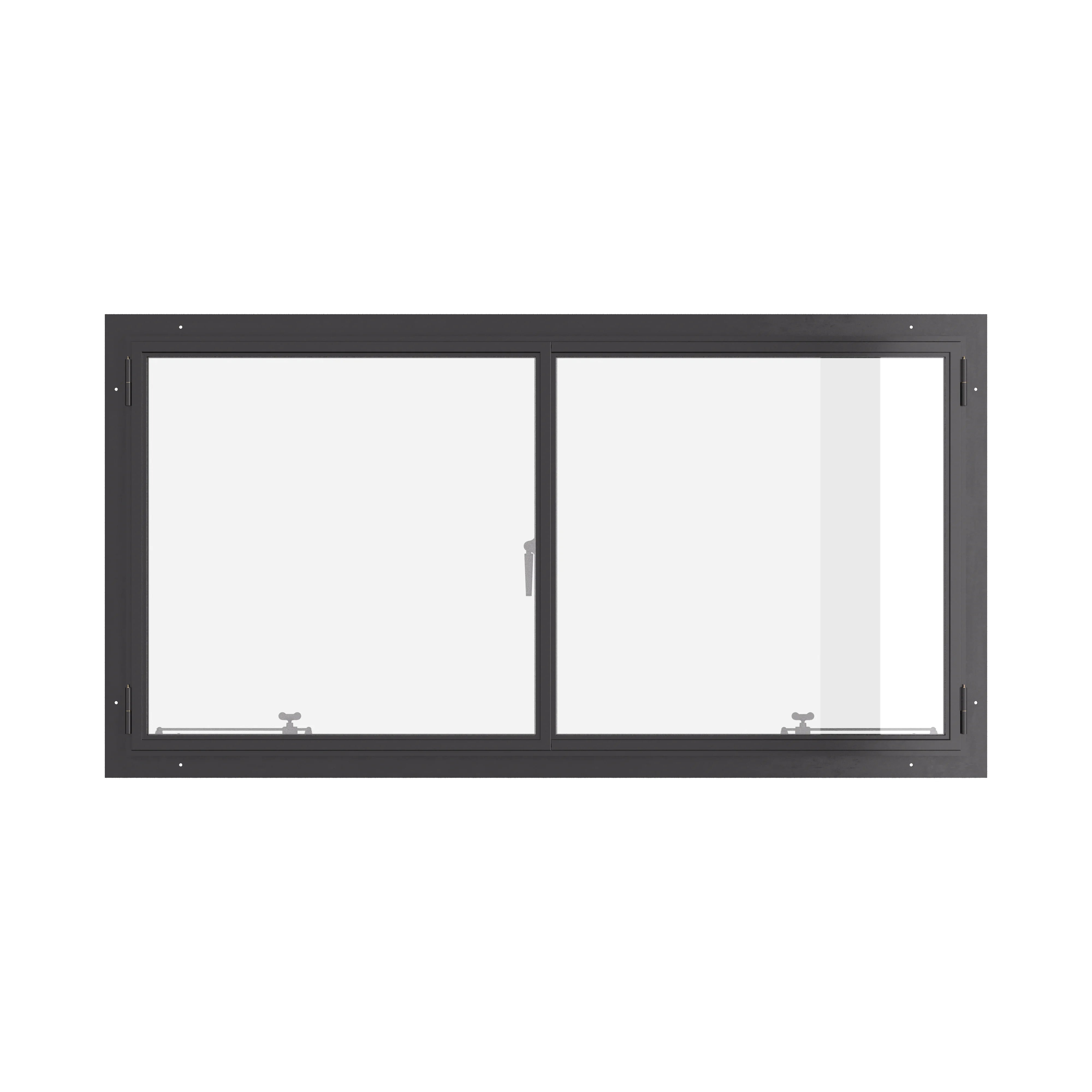 Thermally broken double casement steel window, landscape, cold-rolled steel, black, tempered Low-E glass