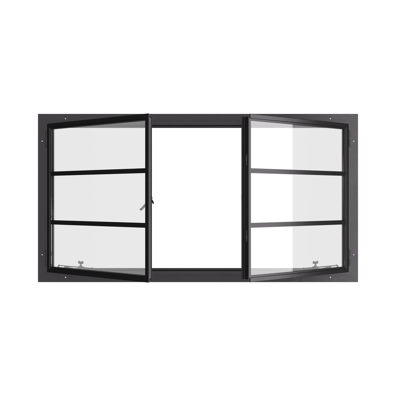 Thermally broken landscape double casement window, galvanized steel, dual pane Low-E glass