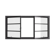 Thermally broken landscape double casement window, galvanized steel, dual pane Low-E glass