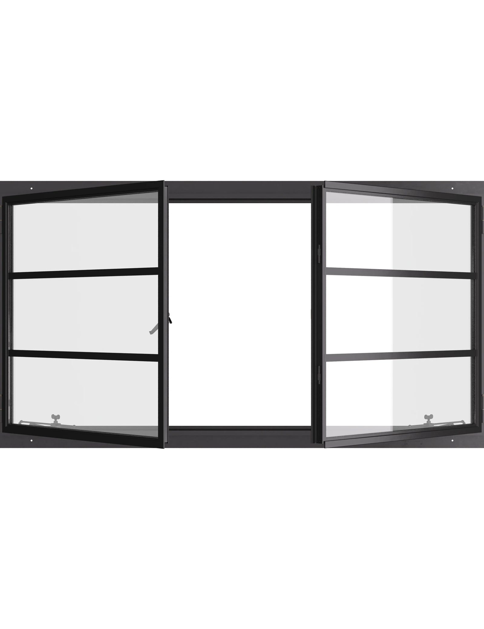 Thermally broken landscape double casement window, galvanized steel, dual pane Low-E glass