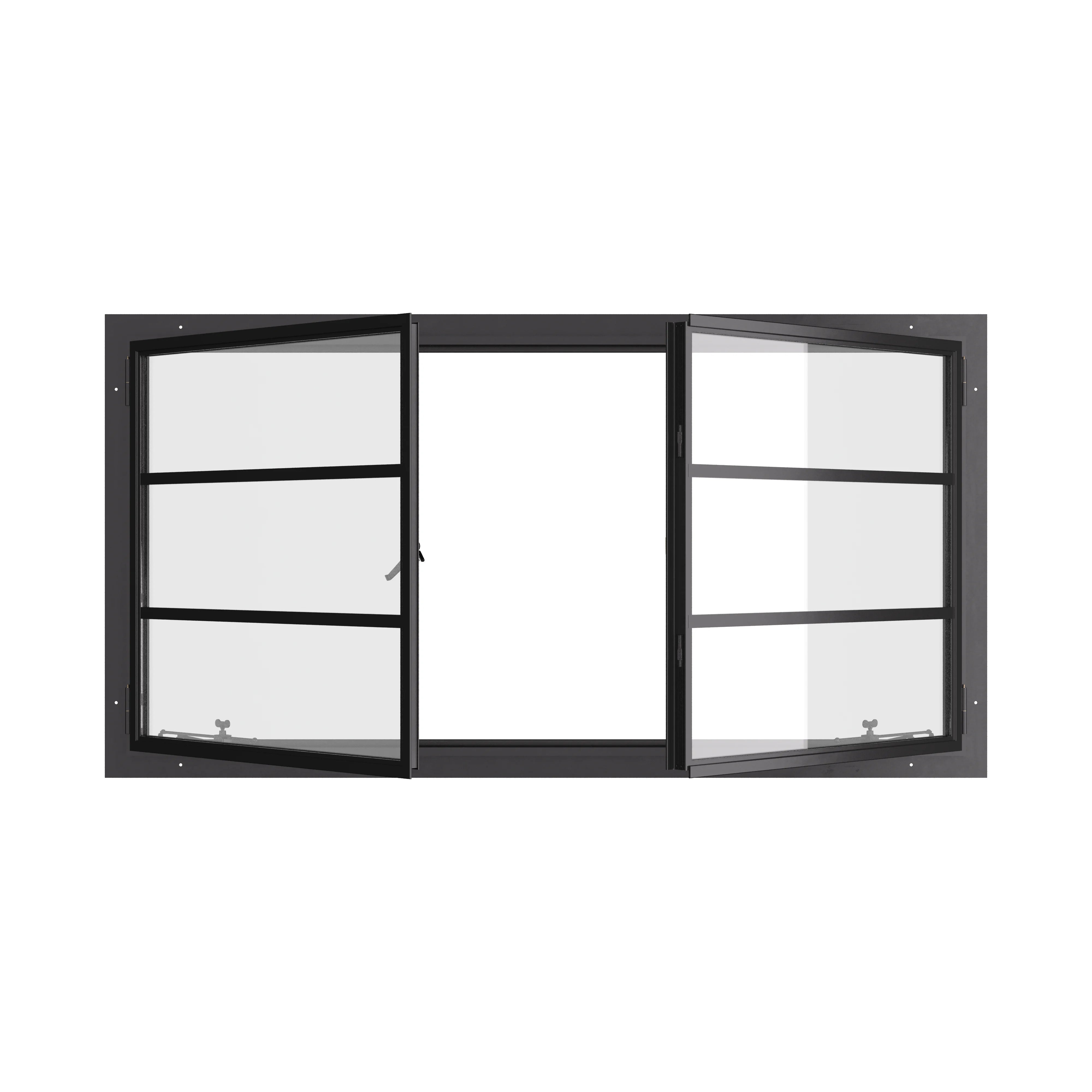 Thermally broken landscape double casement window, galvanized steel, dual pane Low-E glass