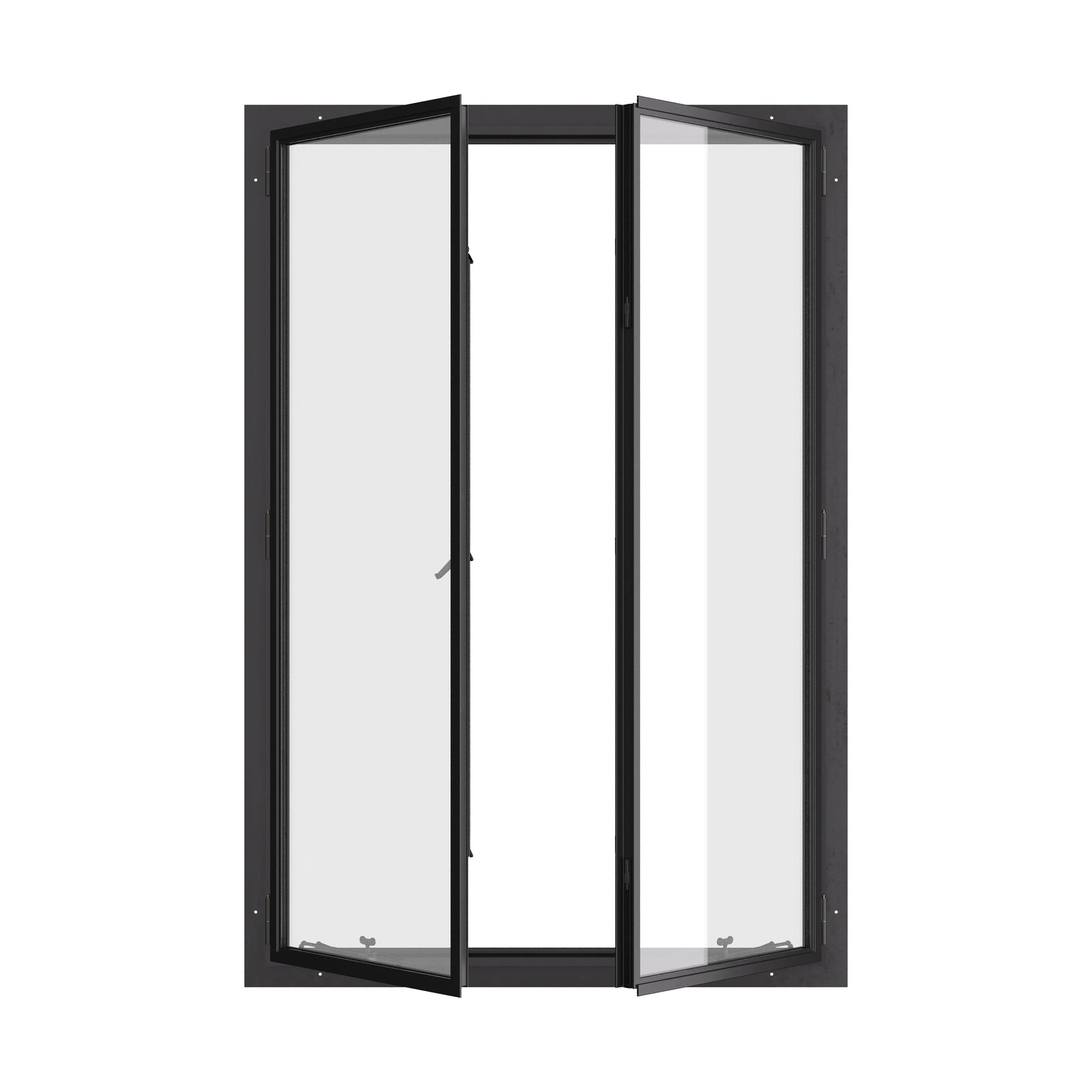 Thermally broken double casement steel window, portrait, cold-rolled steel, black, dual pane Low-E glass