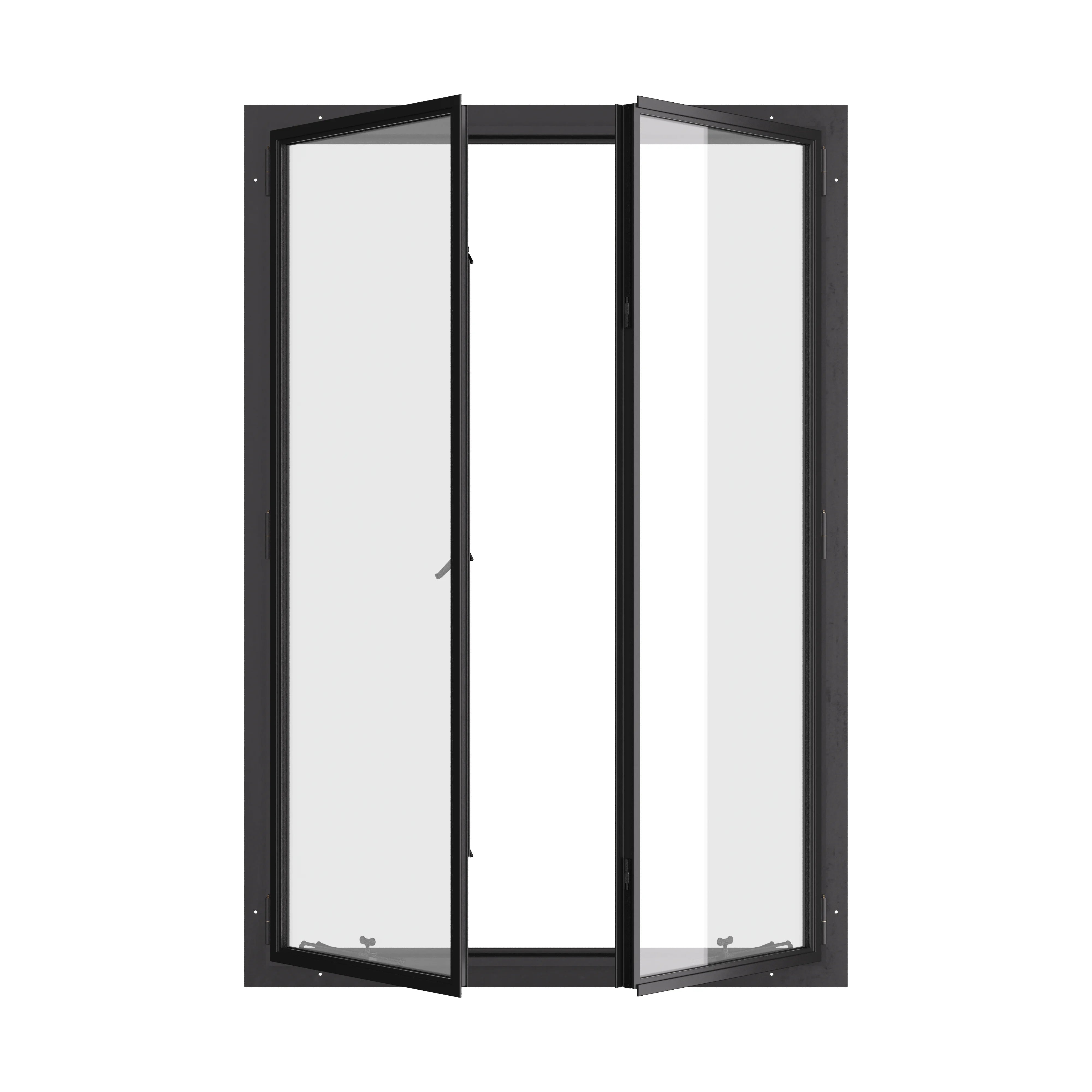 Thermally broken double casement steel window, portrait, cold-rolled steel, black, dual pane Low-E glass