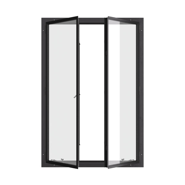 Thermally broken double casement steel window, portrait, cold-rolled steel, black, dual pane Low-E glass