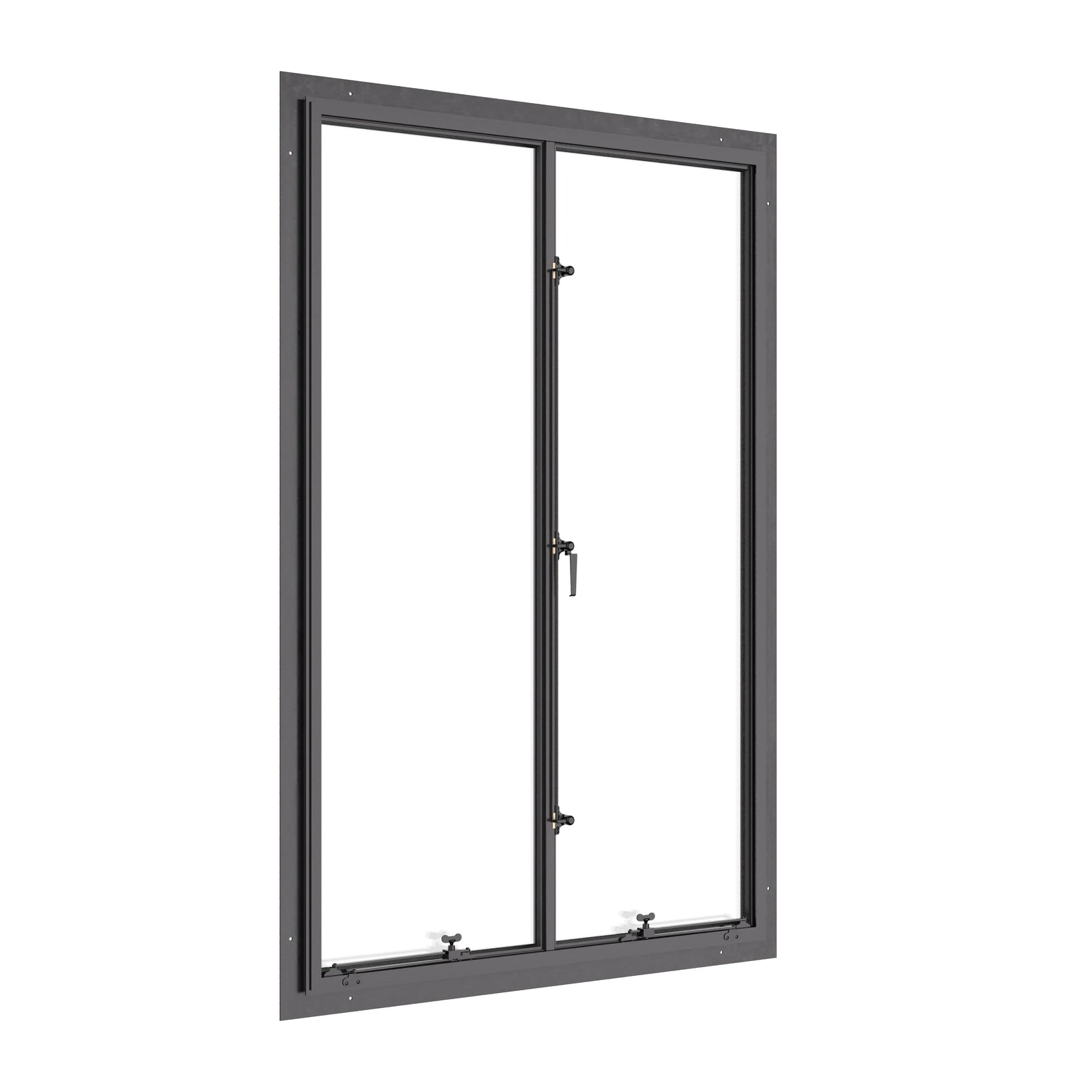 Thermally broken double casement steel window, portrait, cold-rolled steel, black finish, Low-E glass