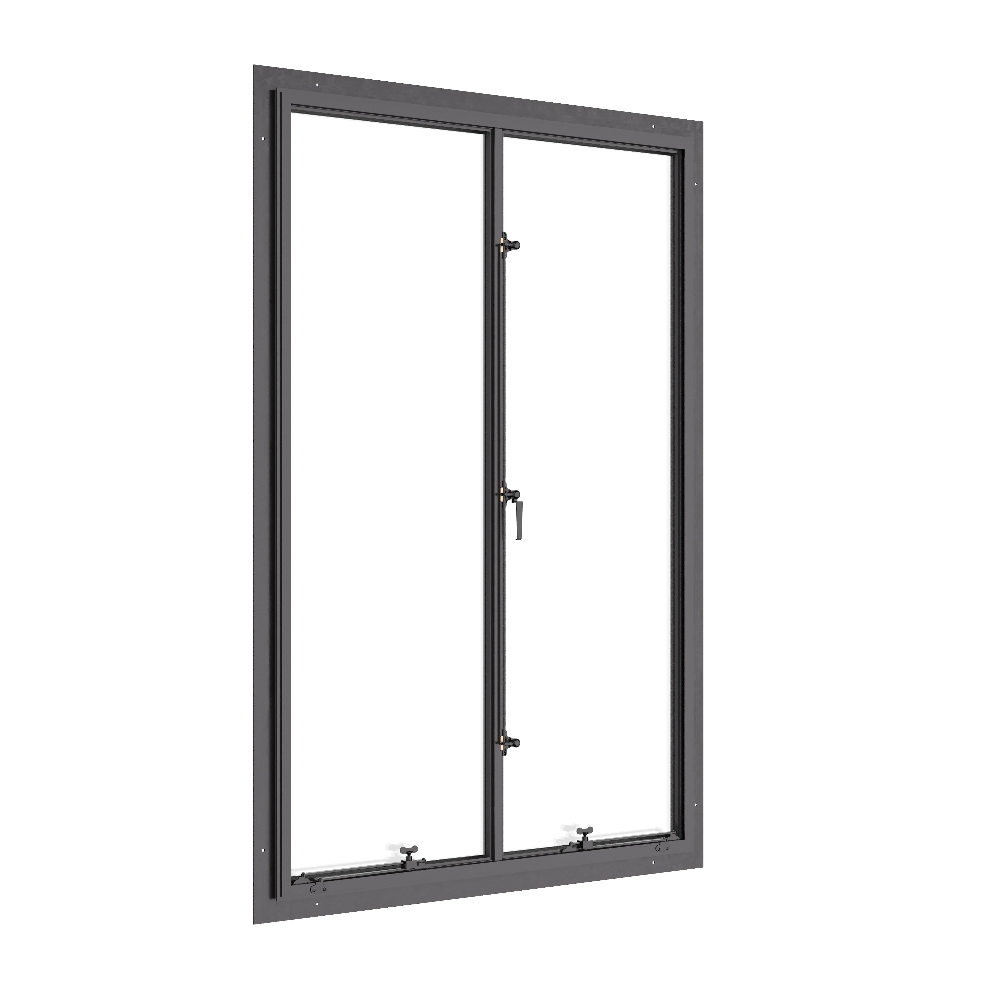 Thermally broken double casement steel window, portrait, cold-rolled steel, black finish, Low-E glass