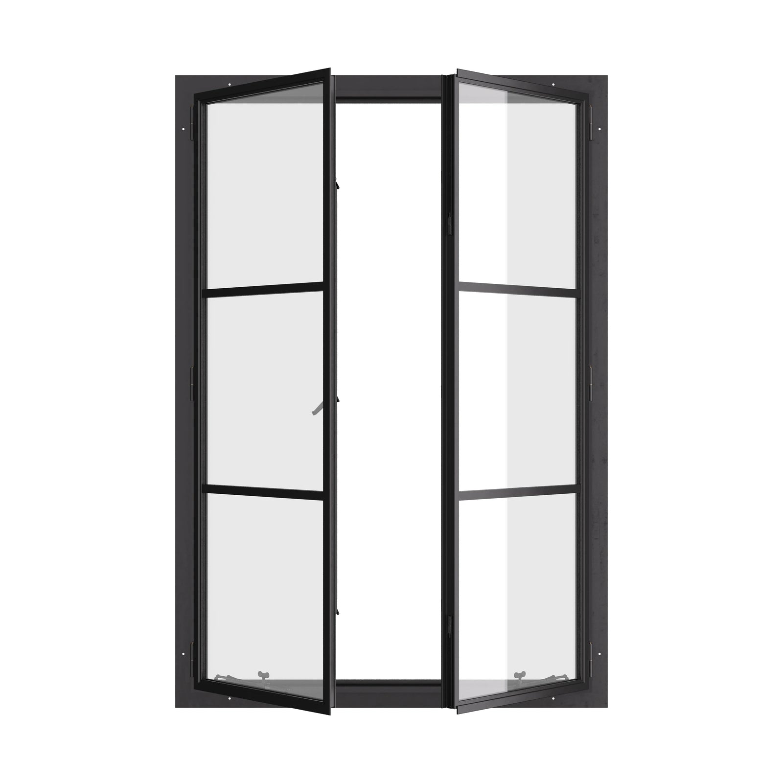 Thermally broken portrait double casement window, galvanized steel, dual pane Low-E glass