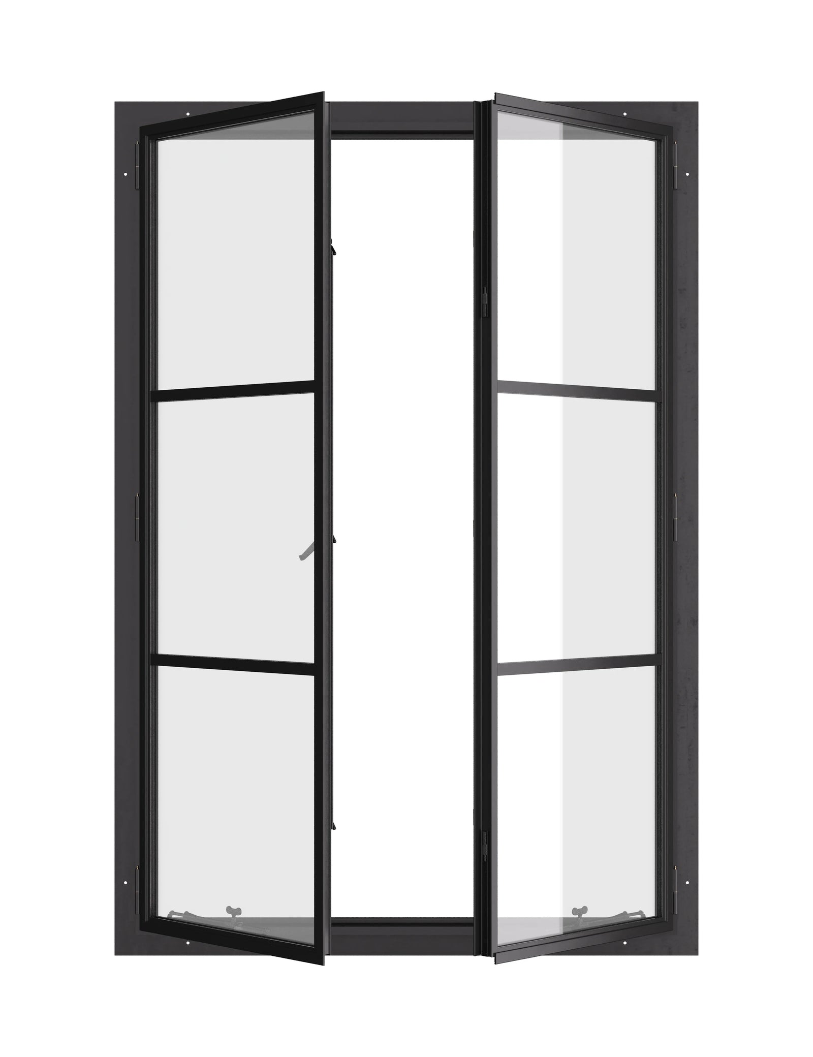 Thermally broken portrait double casement window, galvanized steel, dual pane Low-E glass
