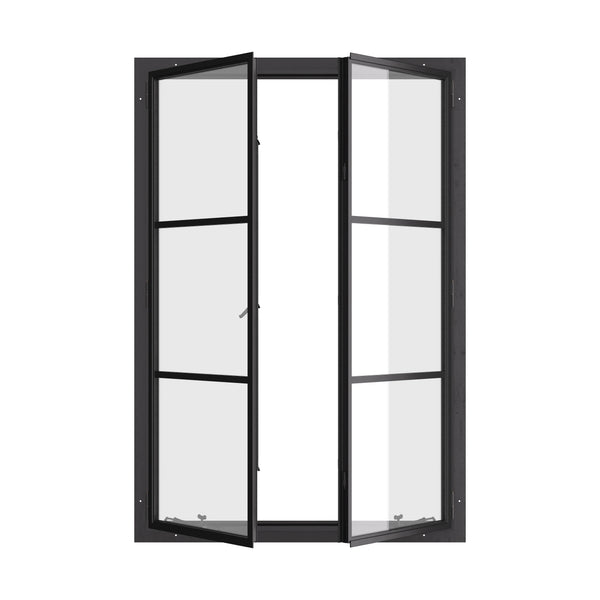 Thermally broken portrait double casement window, galvanized steel, dual pane Low-E glass