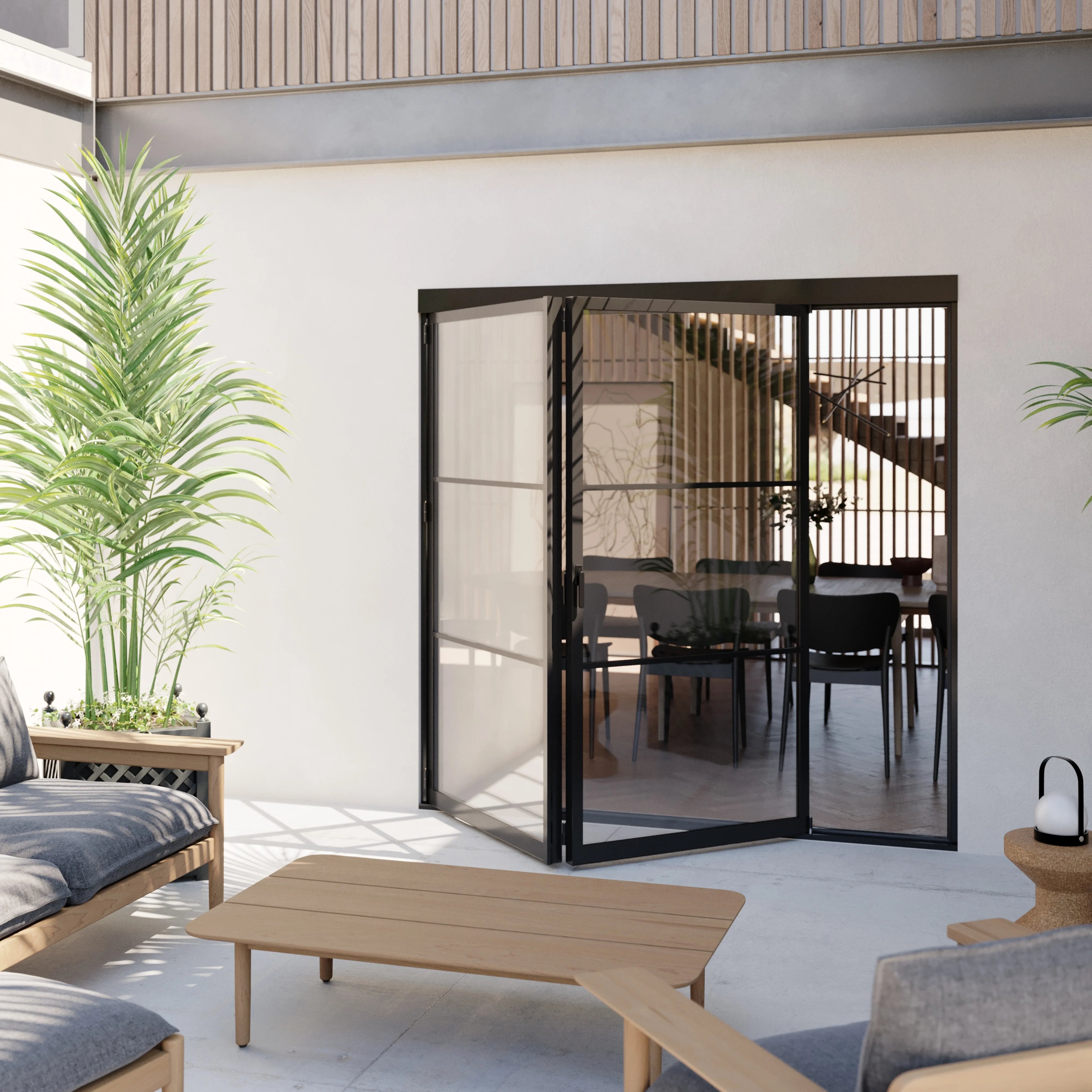 contemporary 2 panel folding steel glass door
