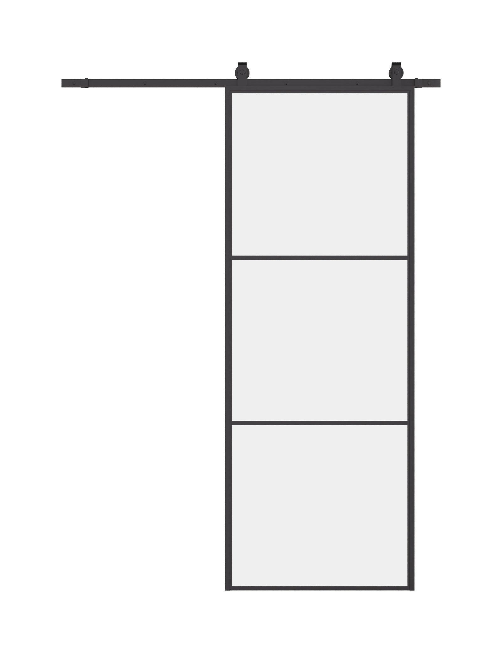Air 4 interior barn door with slim black frame and clear tempered glass panels