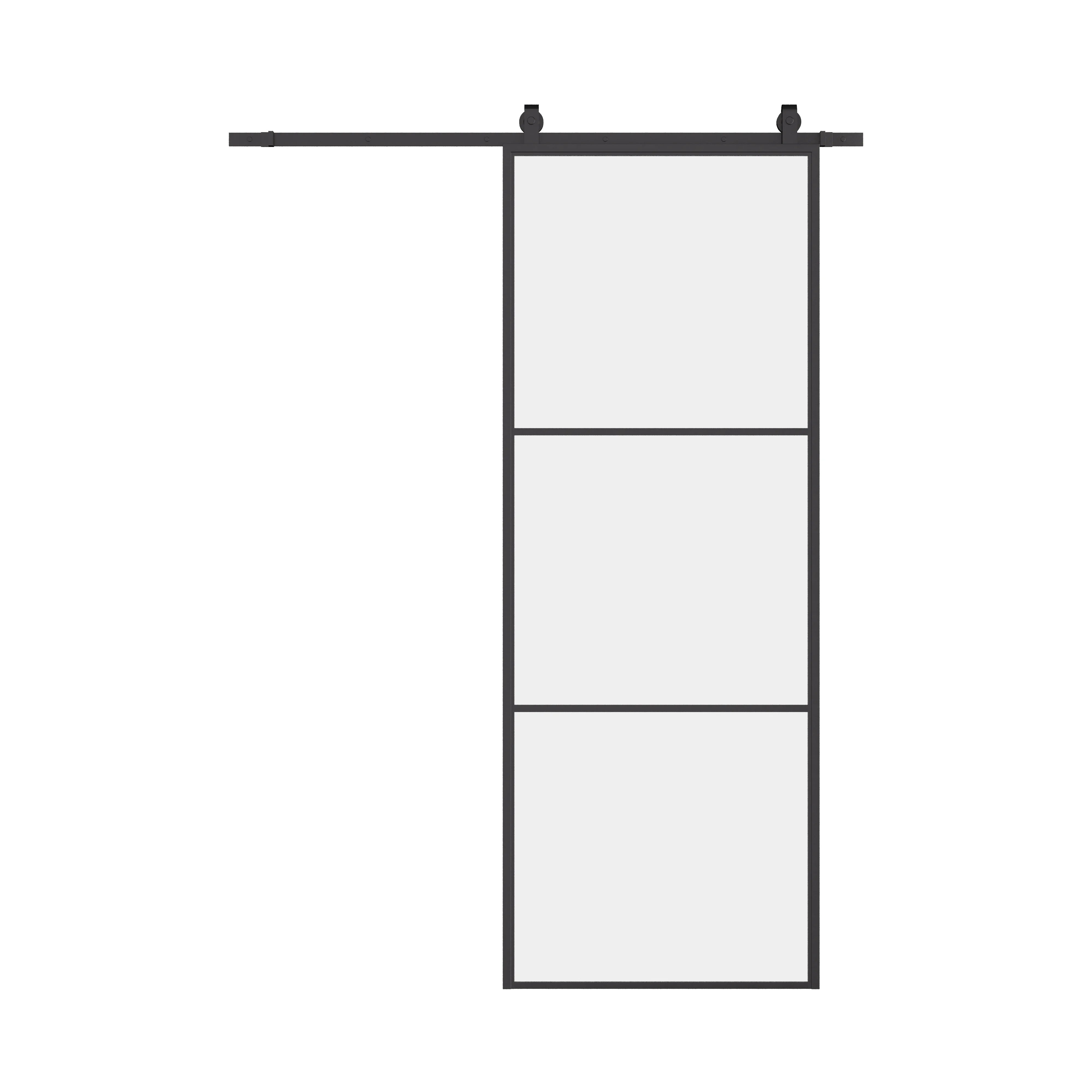 Air 4 interior barn door with slim black frame and clear tempered glass panels