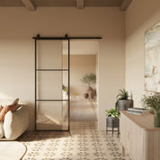 Air 4 modern sliding barn door with minimalist grid design and sleek metal frame