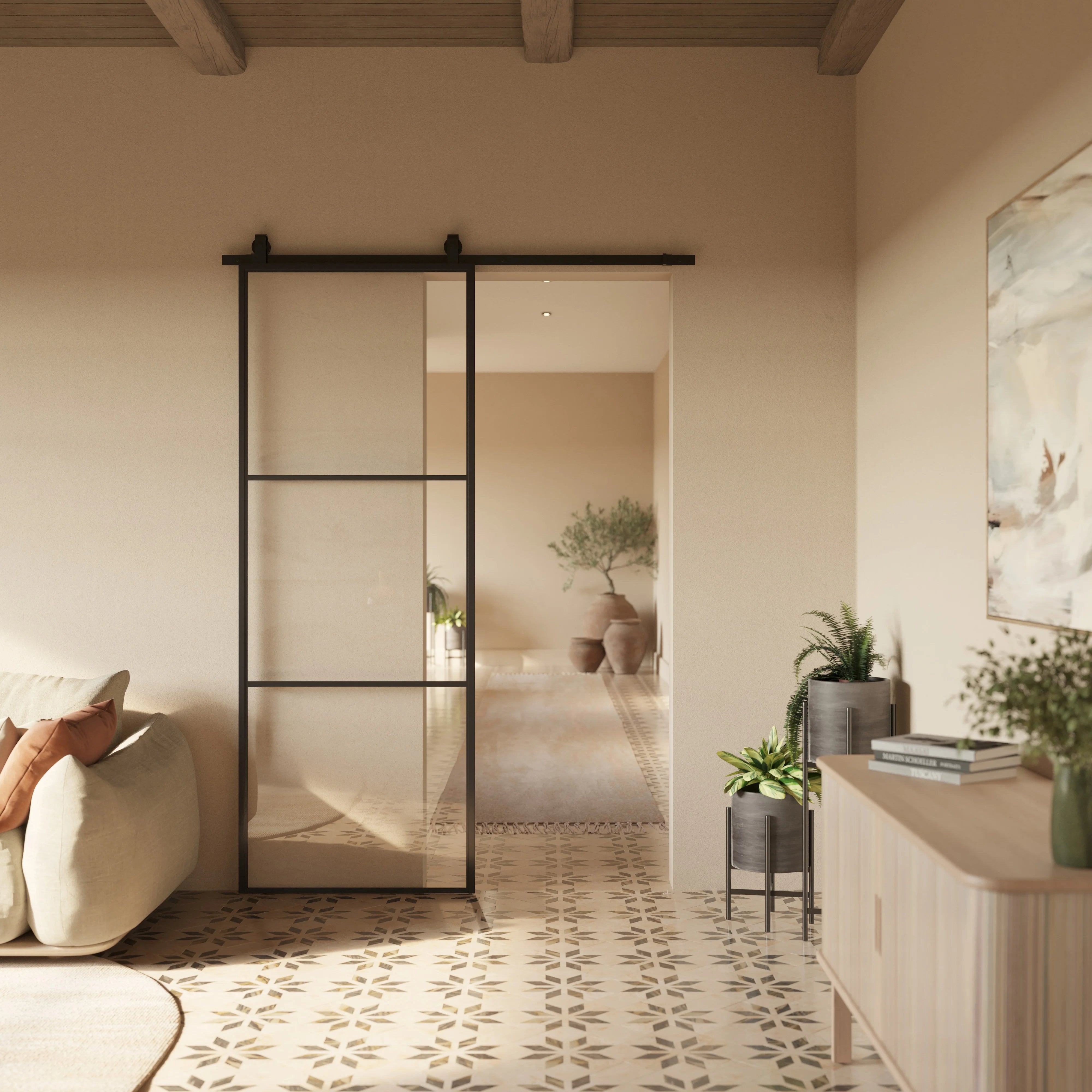 Air 4 modern sliding barn door with minimalist grid design and sleek metal frame