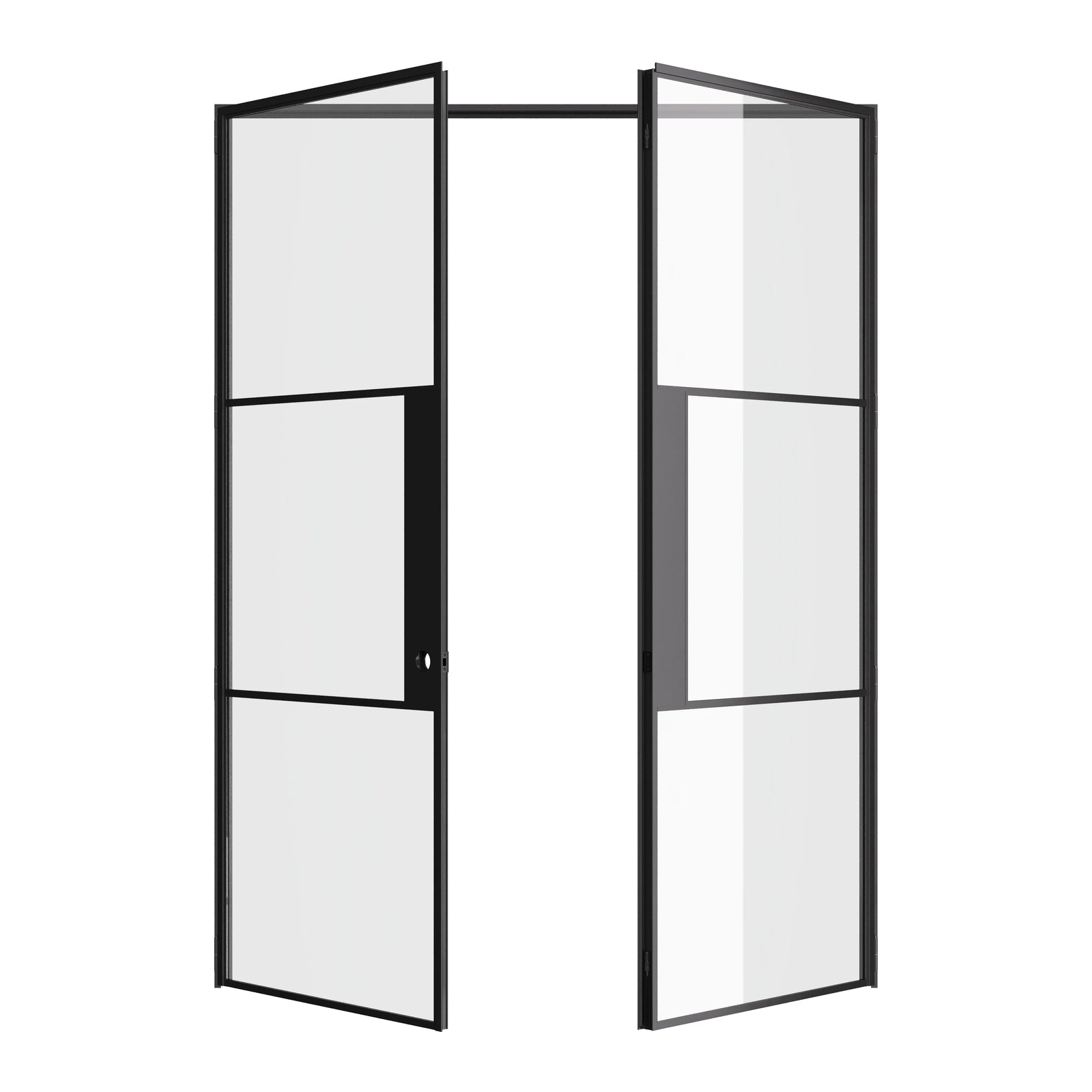 Air 4 contemporary double steel doors featuring tempered glass and slim black mullions