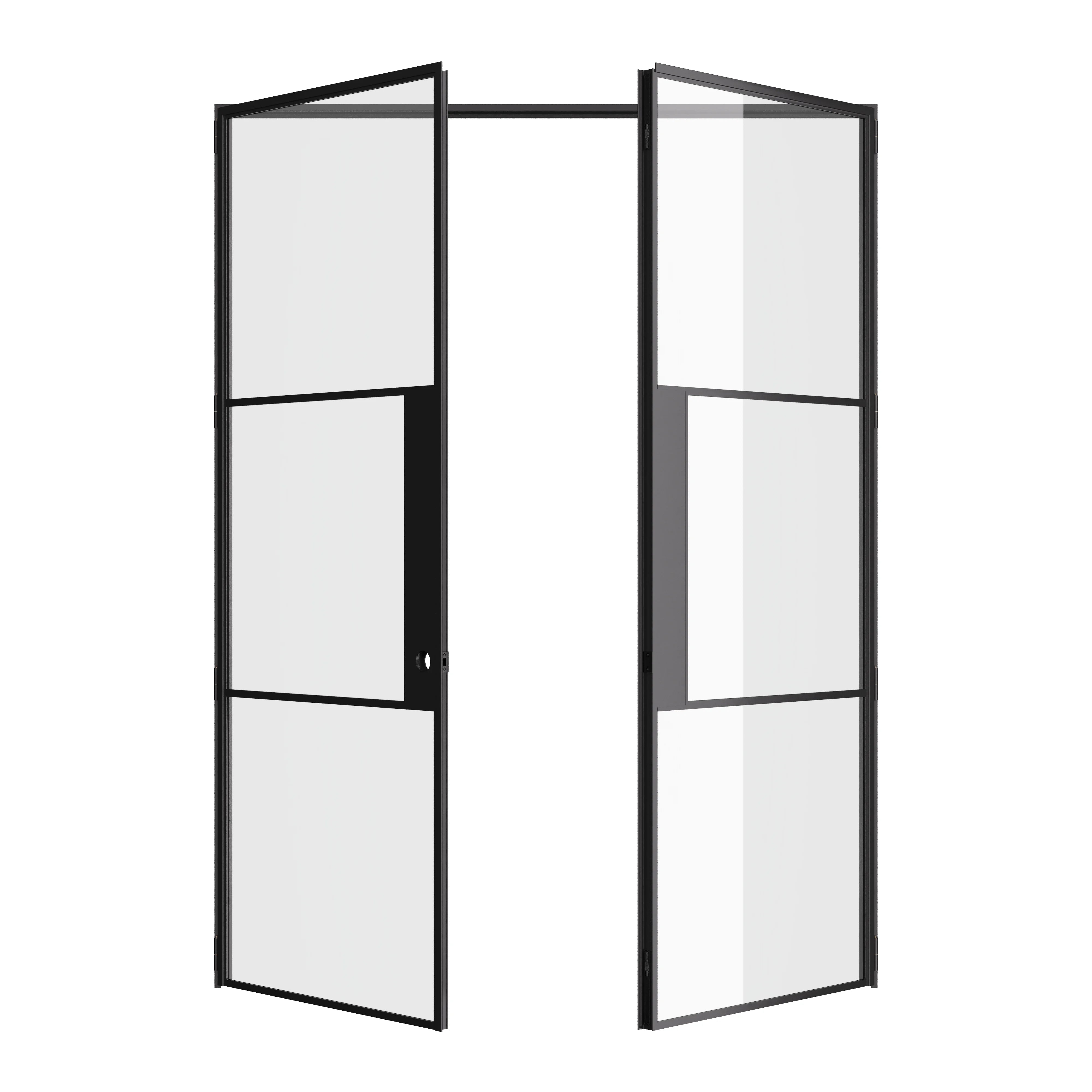 Air 4 contemporary double steel doors featuring tempered glass and slim black mullions