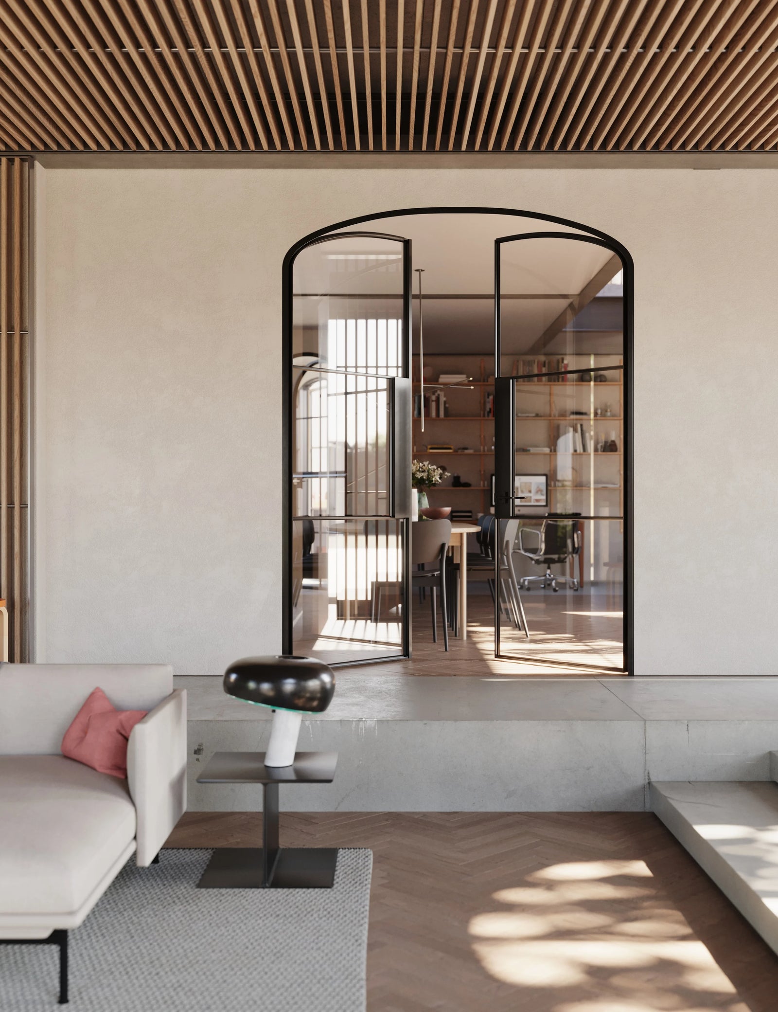 Air 4 mini arch double door set in black steel with elegant radius and glass panels
