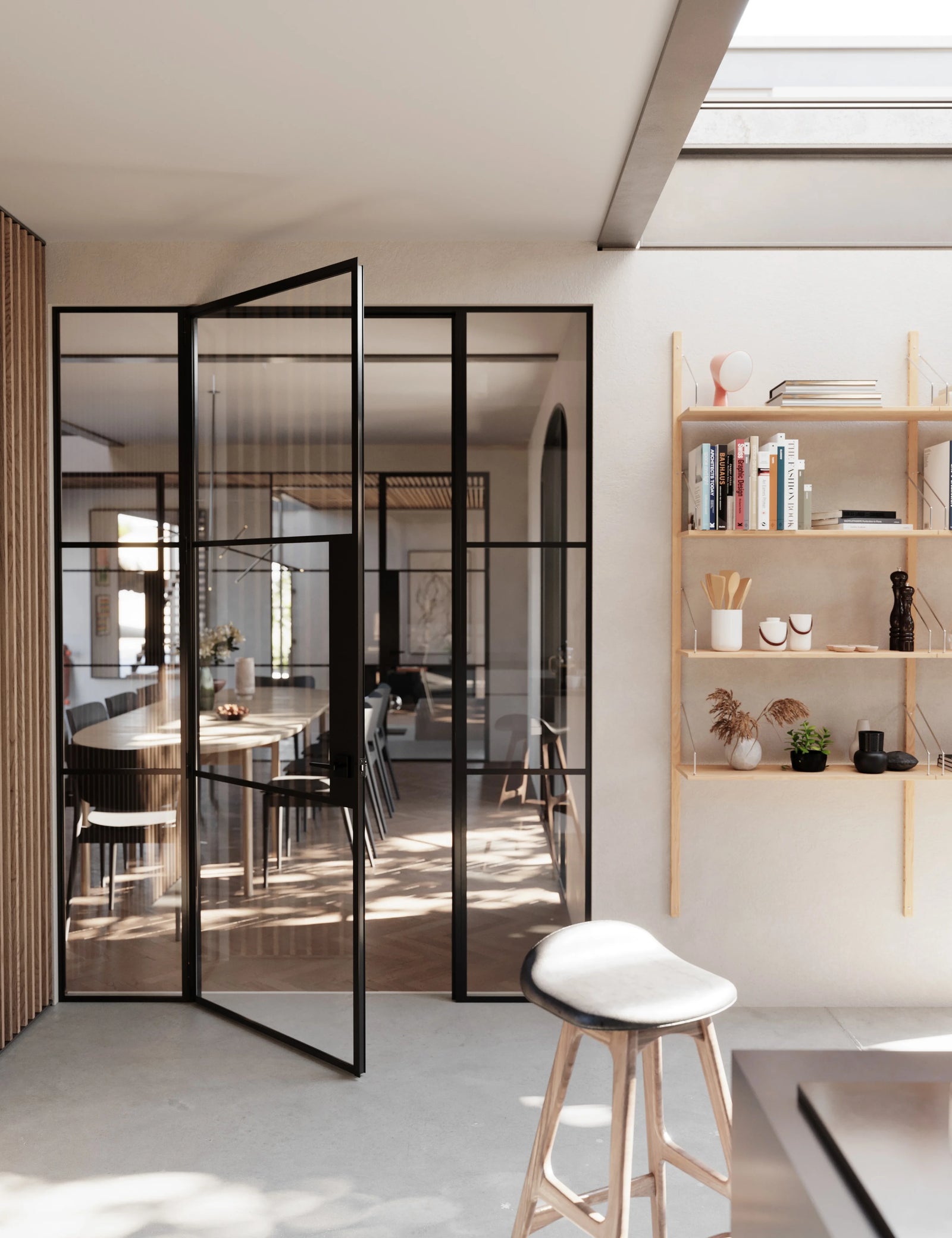 Air 4 interior door with sidelights in solid steel frame and full-height glass panels