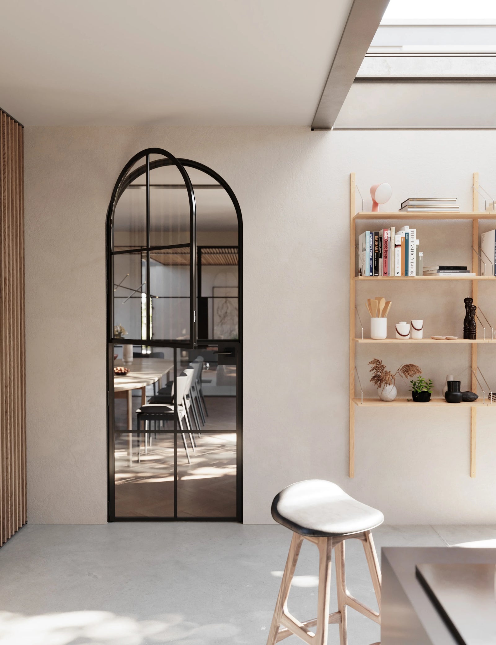 Air 5 Dutch interior steel door with full arch top in OttoStumm hot-rolled steel with slim profiles and removable threshold