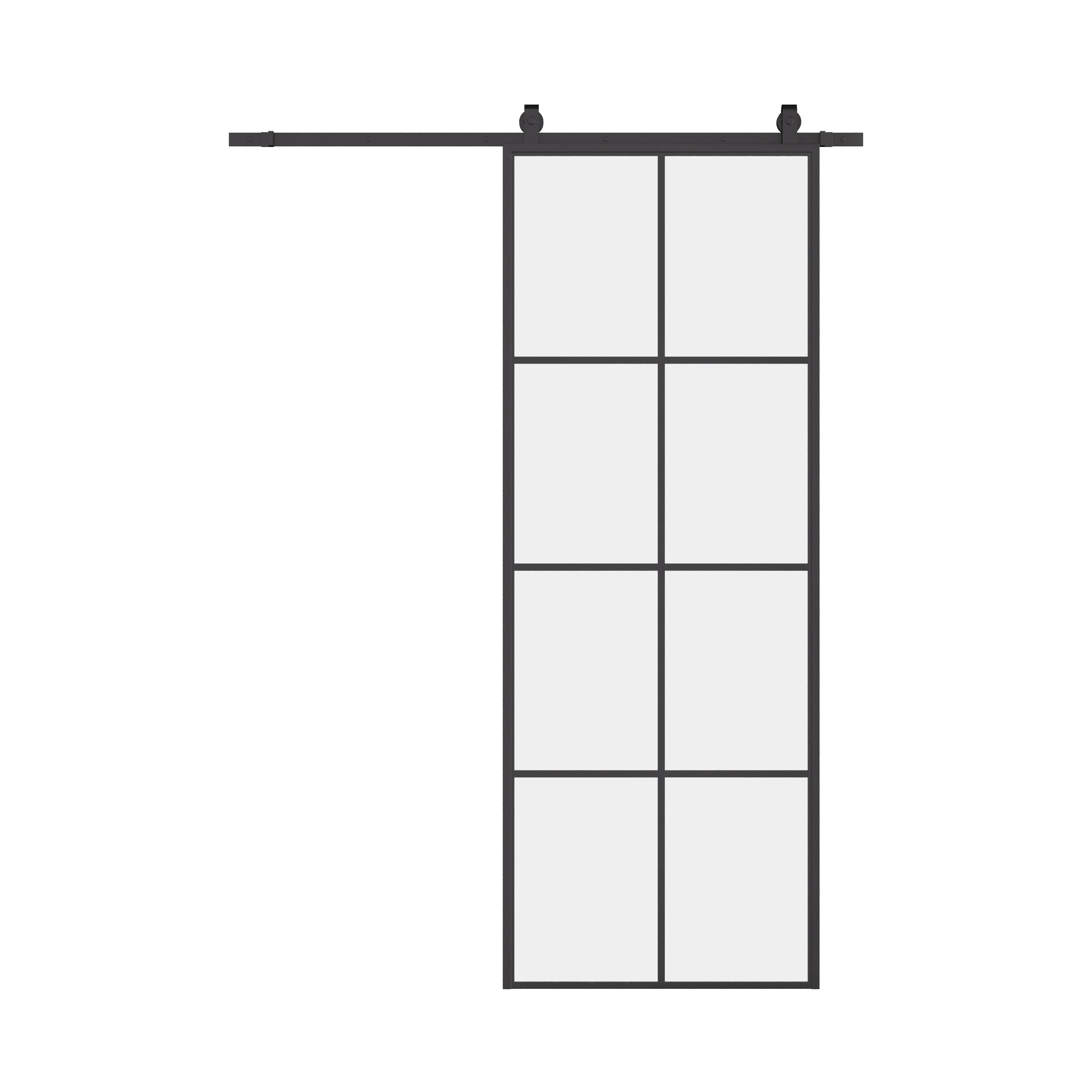 Air 5 interior barn door in black cold-rolled steel with single pane tempered glass and modular factory-style design