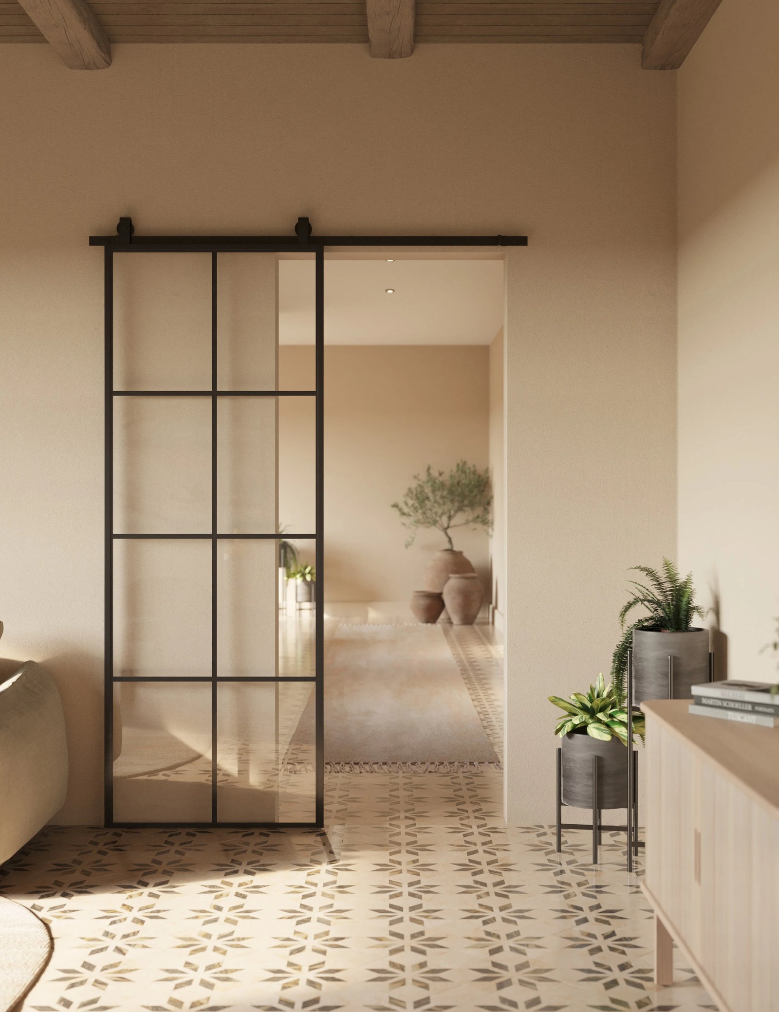 Air 5 interior barn door, steel frame with tempered glass panel and easy-install modular construction