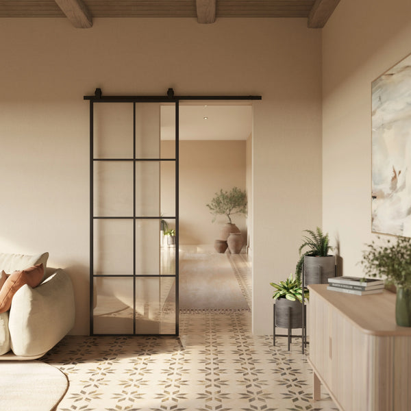 Air 5 interior barn door, steel frame with tempered glass panel and easy-install modular construction