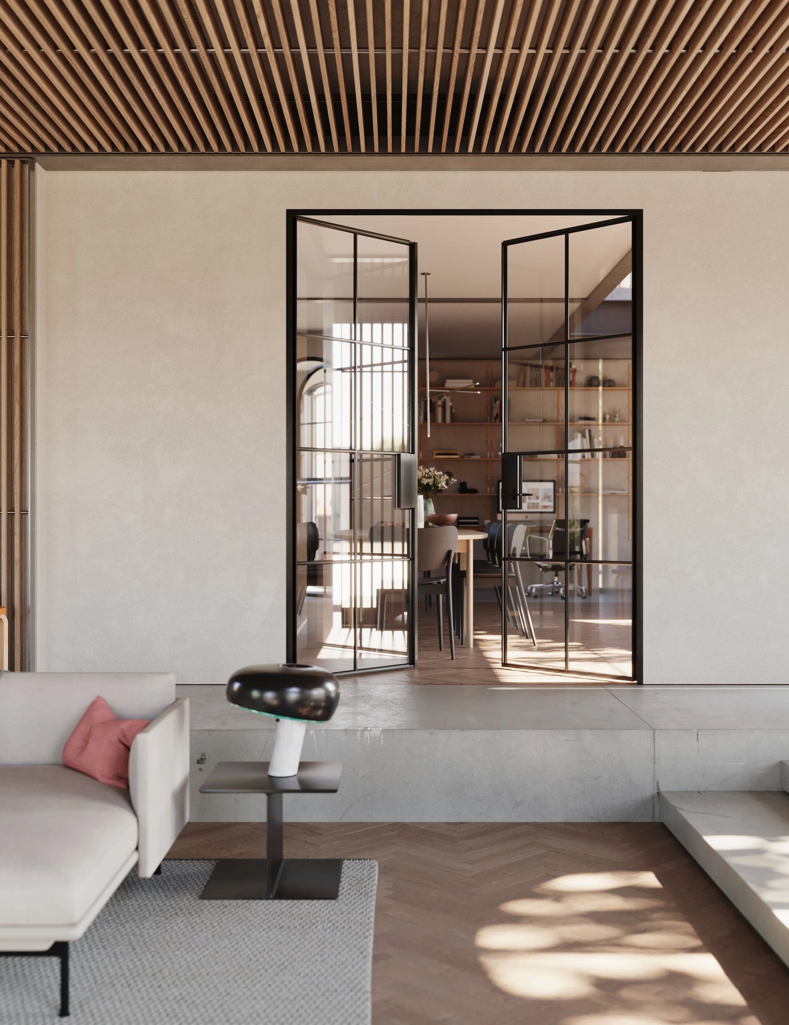 Interior double flat steel doors, black factory style modular system