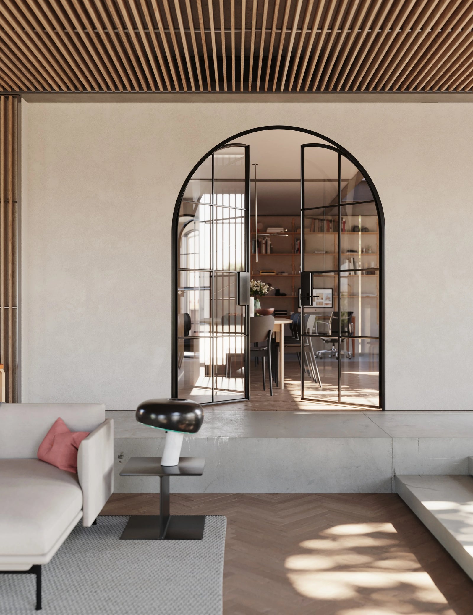 Air 5 double full arch interior doors in solid steel with glass panes