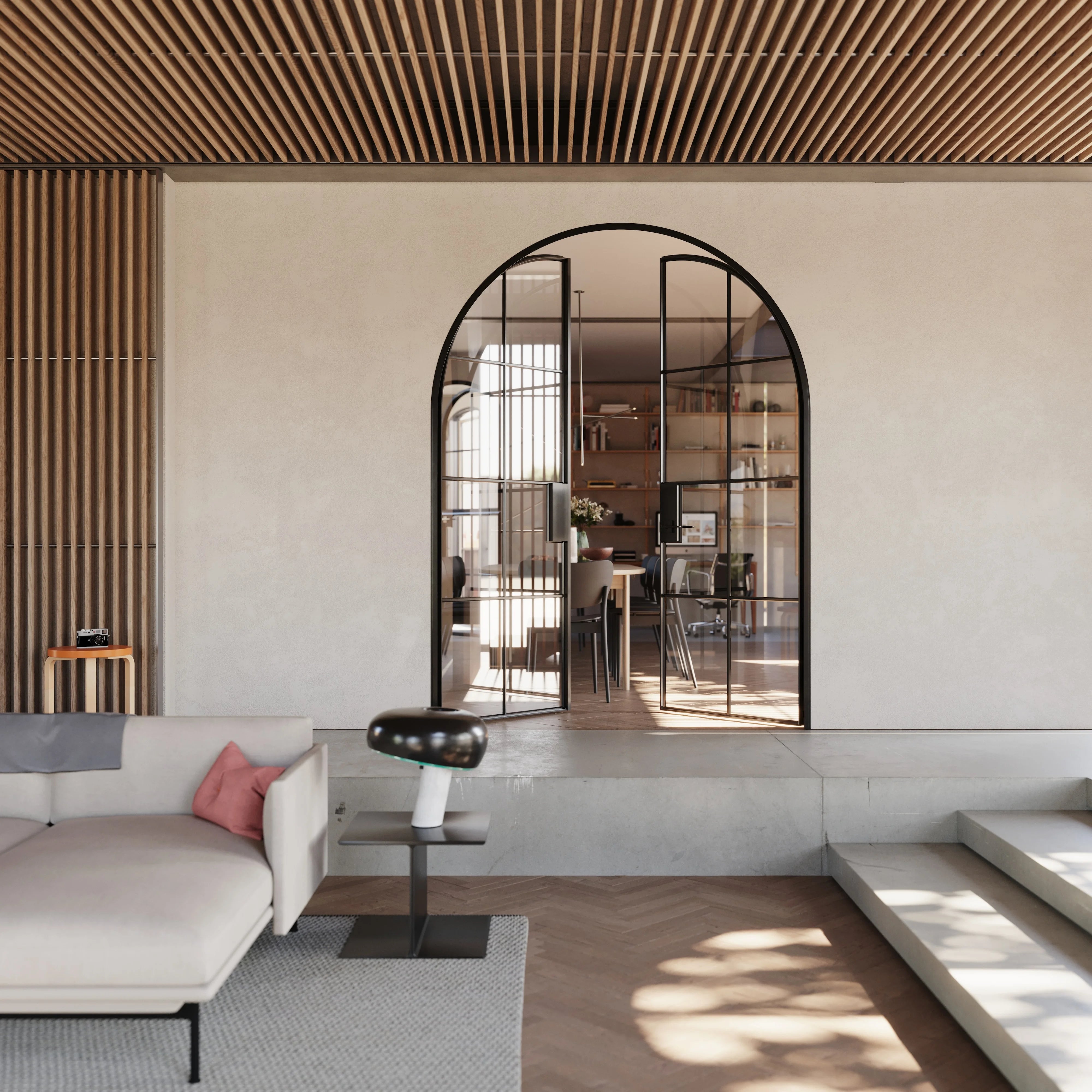 Air 5 double full arch interior doors in solid steel with glass panes