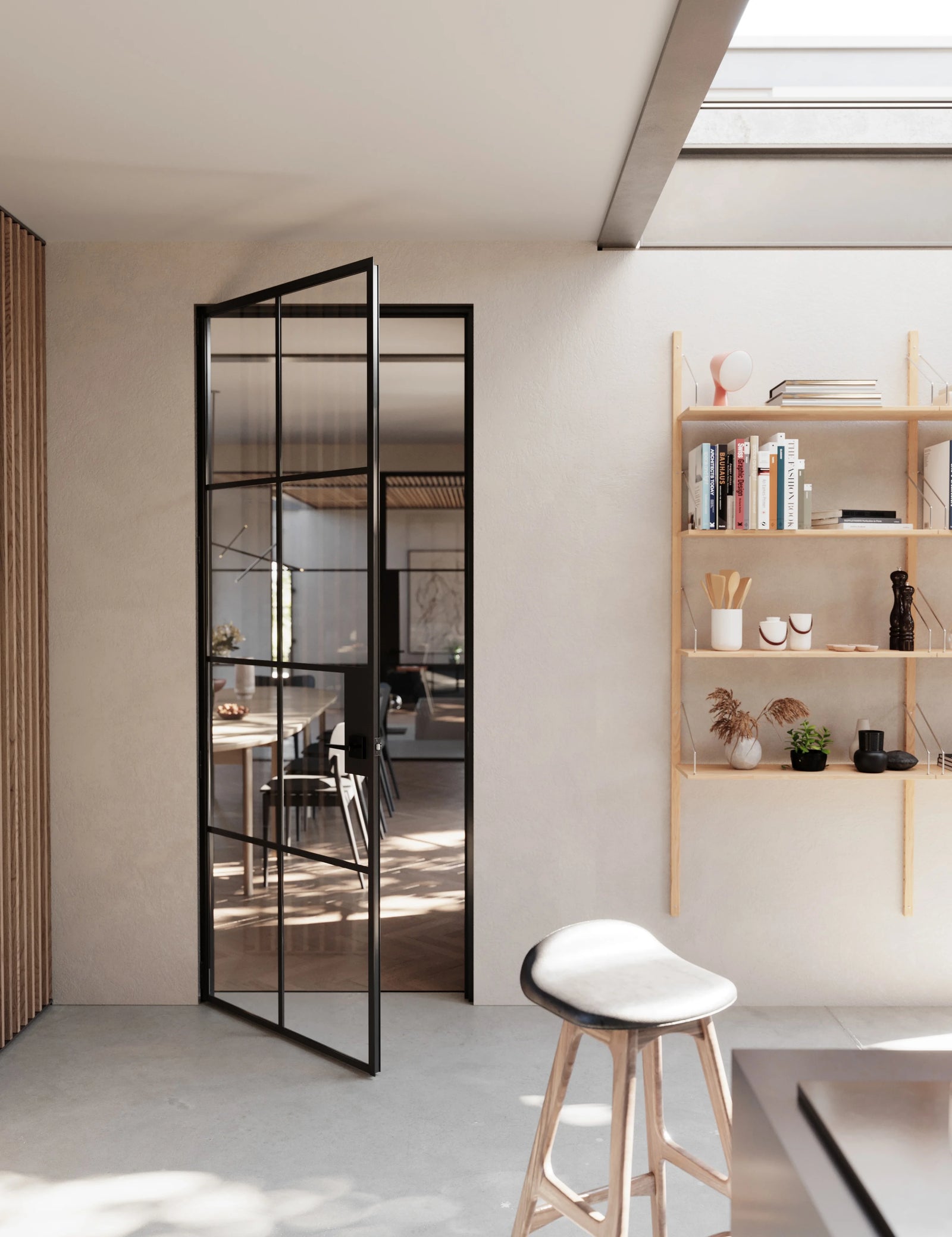 Air 5 single flat interior door in solid steel with black finish and glass panels