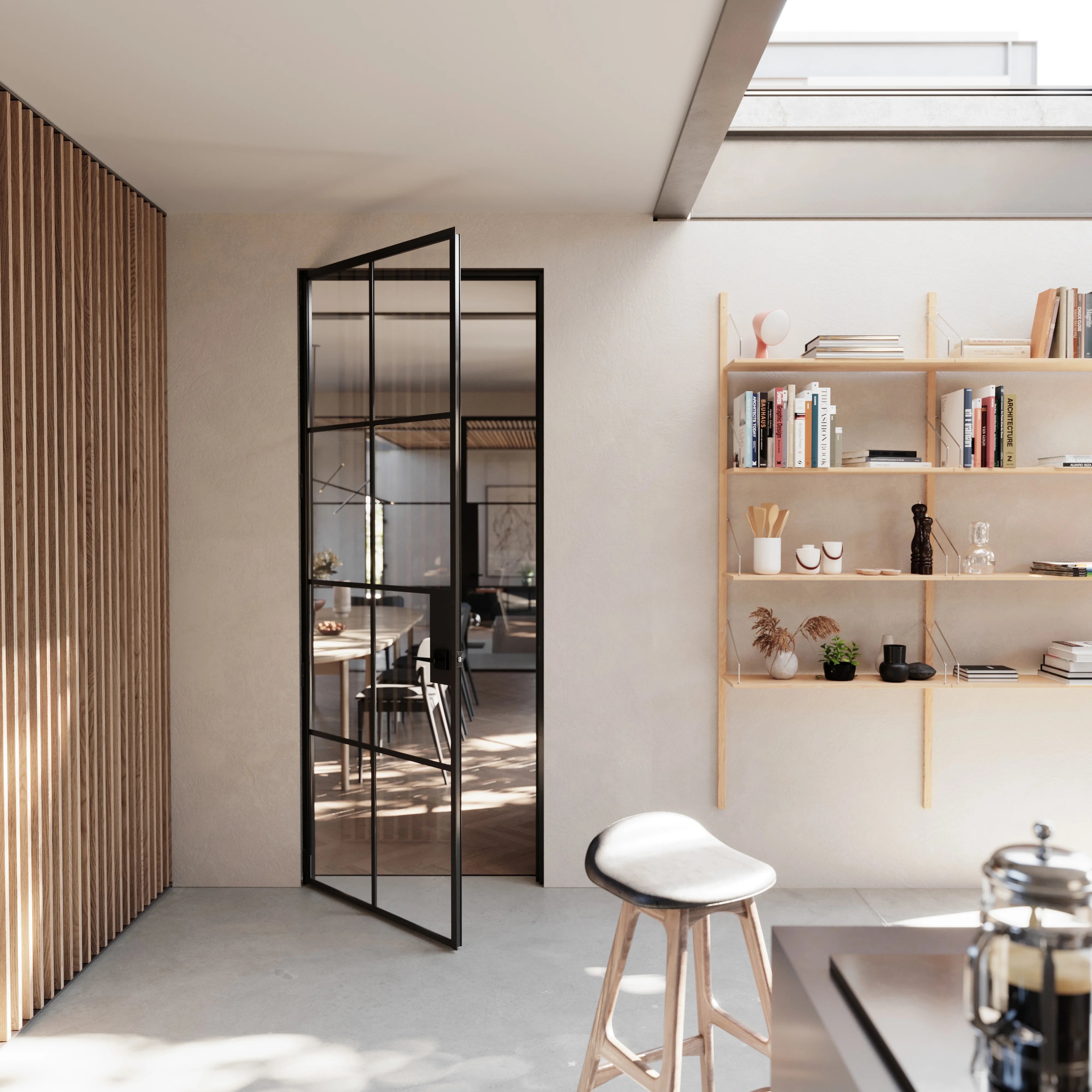 Air 5 single flat interior door in solid steel with black finish and glass panels
