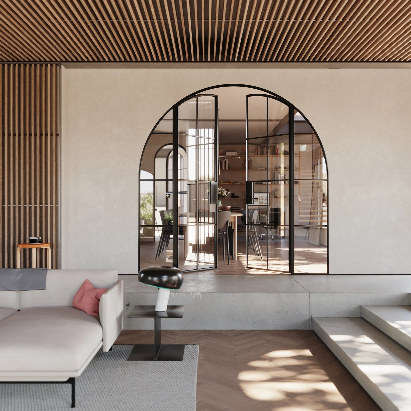 Interior double full arch hot-rolled steel doors with side glass
