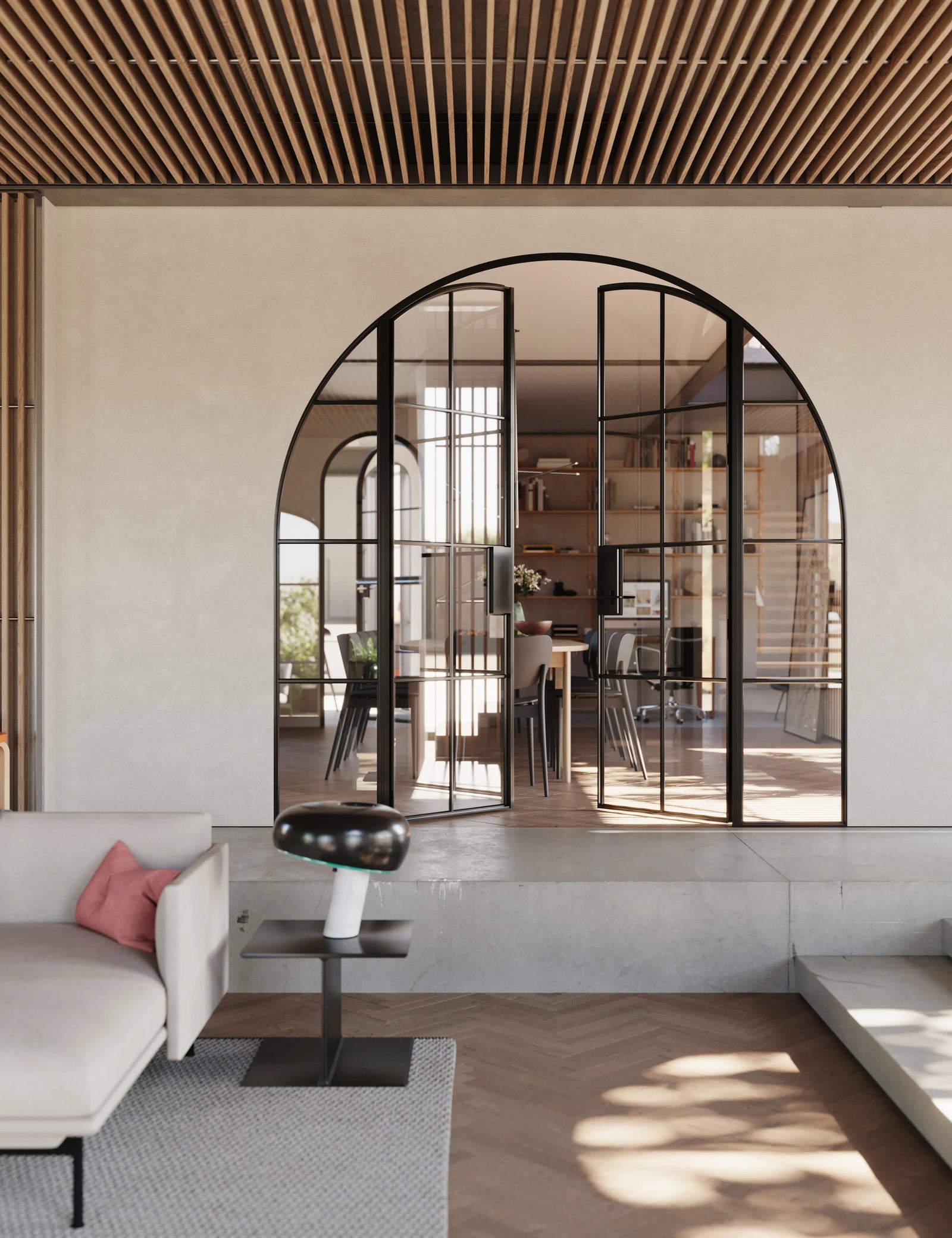 Interior double full arch hot-rolled steel doors with side glass