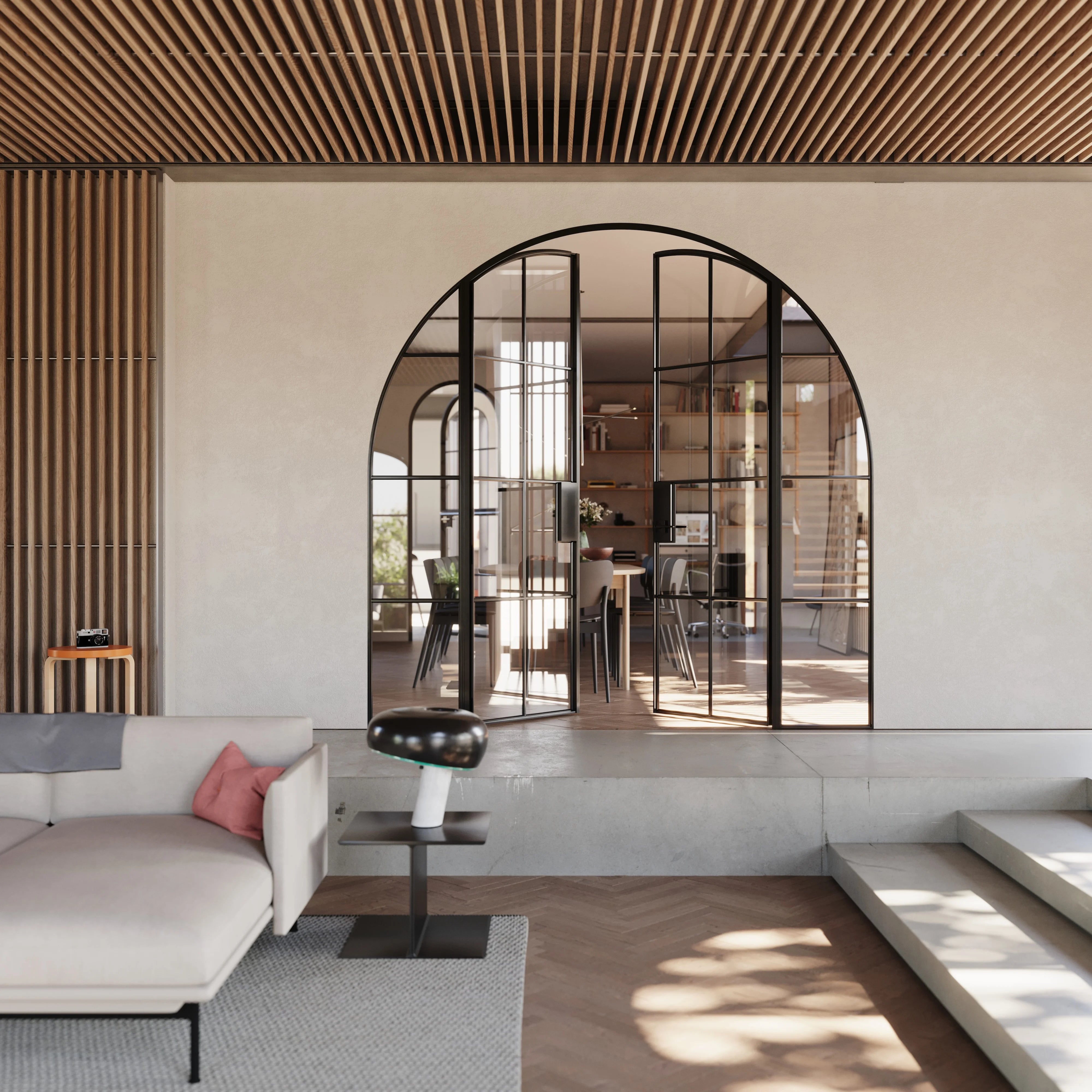 Interior double full arch hot-rolled steel doors with side glass