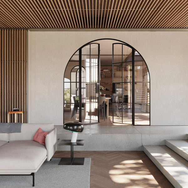 Interior double full arch hot-rolled steel doors with side glass