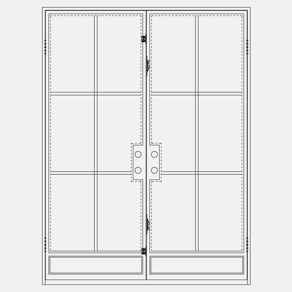 Double doors made with a thin iron frame and a full panel of glass on each door separated into 6 windowpanes. Doors are thermally broken to protect from extreme weather.