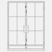 Load image into Gallery viewer, Double doors made with a thin iron frame and a full panel of glass on each door separated into 6 windowpanes. Doors are thermally broken to protect from extreme weather.