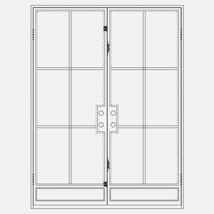 Double doors made with a thin iron frame and a full panel of glass on each door separated into 6 windowpanes. Doors are thermally broken to protect from extreme weather.
