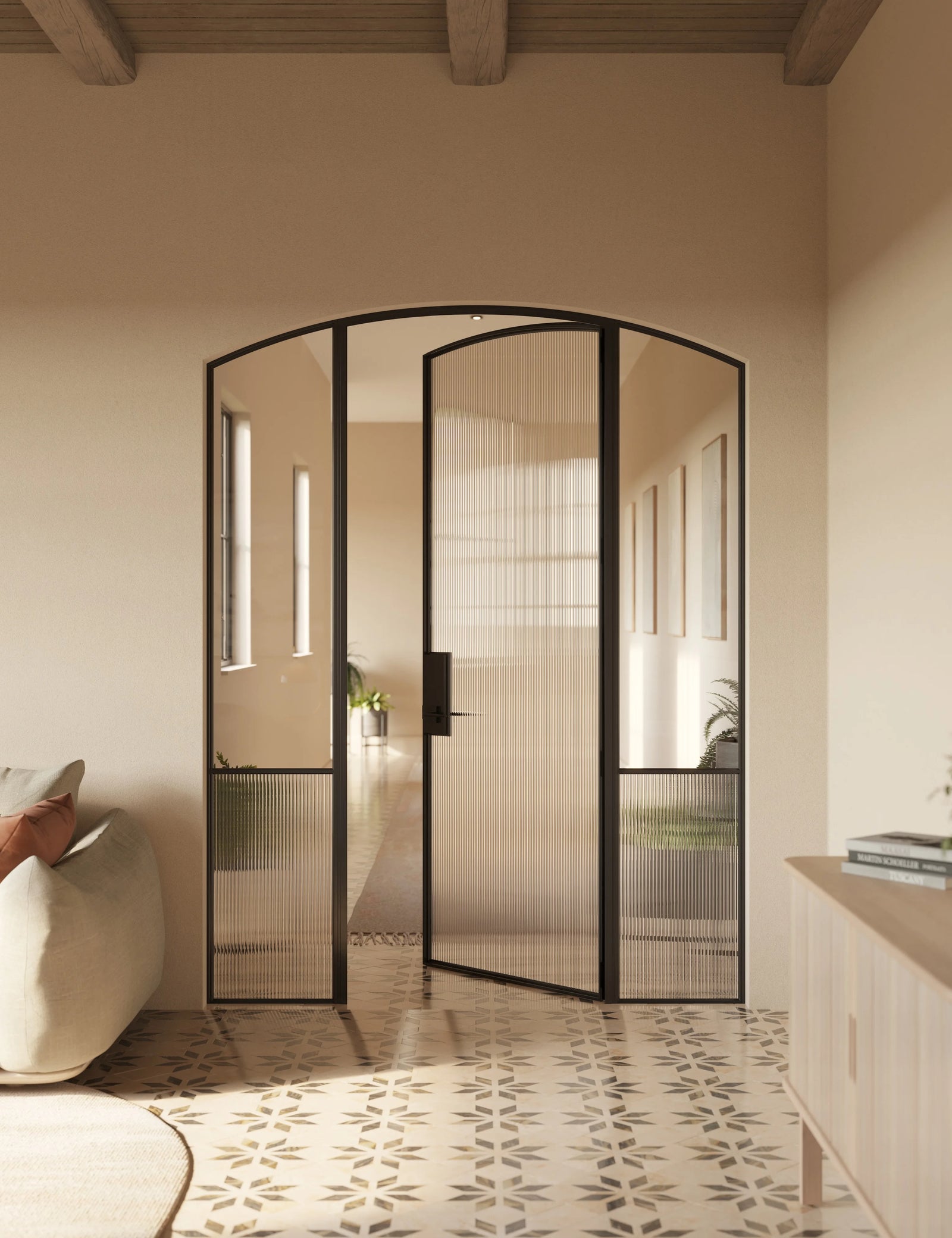 Contemporary interior steel arch door with side windows, Air Grand OTTOSTUMM steel construction with narrow sightlines